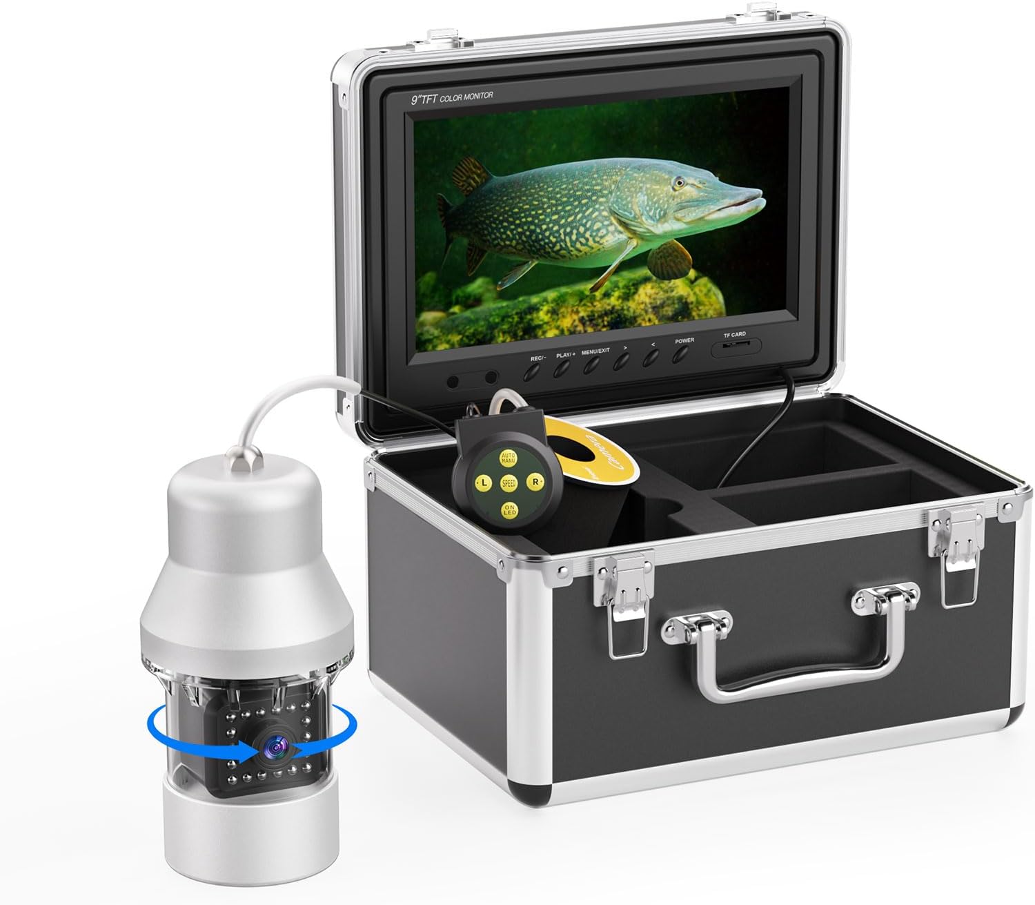 fish eyes rod and reel camera Eyoyo Underwater Fishing Camera Video Fish Finder Dvr Function 9 Inch Large Color Screen 360 Horizontal Panning Camera 1000tvl W/ 18 Infrared Ir