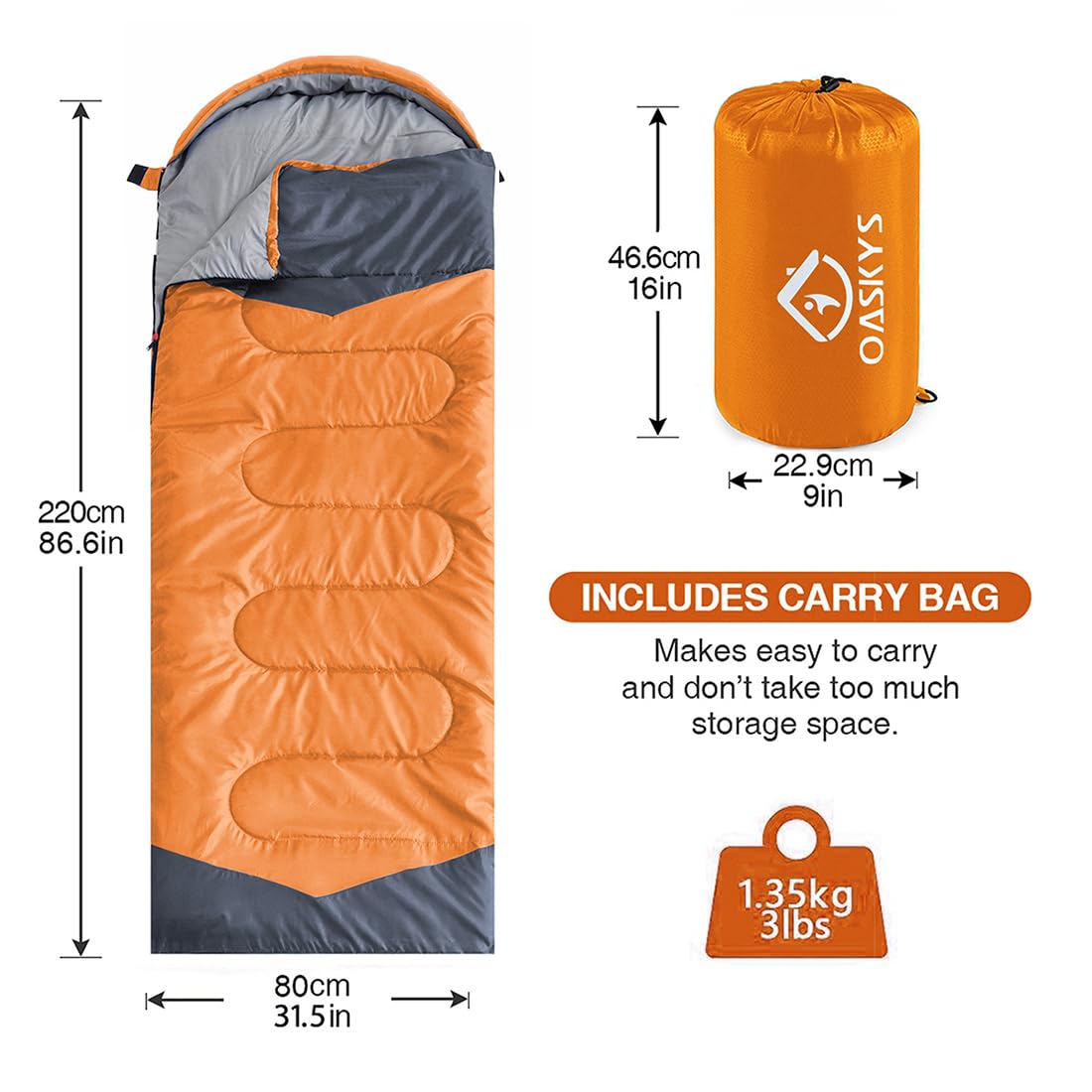 oaskys Camping Sleeping Bag - 3 Season Warm & Cool Weather - Summer Spring Fall Lightweight Waterproof for Adults Kids - Camping Gear Equipment, Traveling, and Outdoors