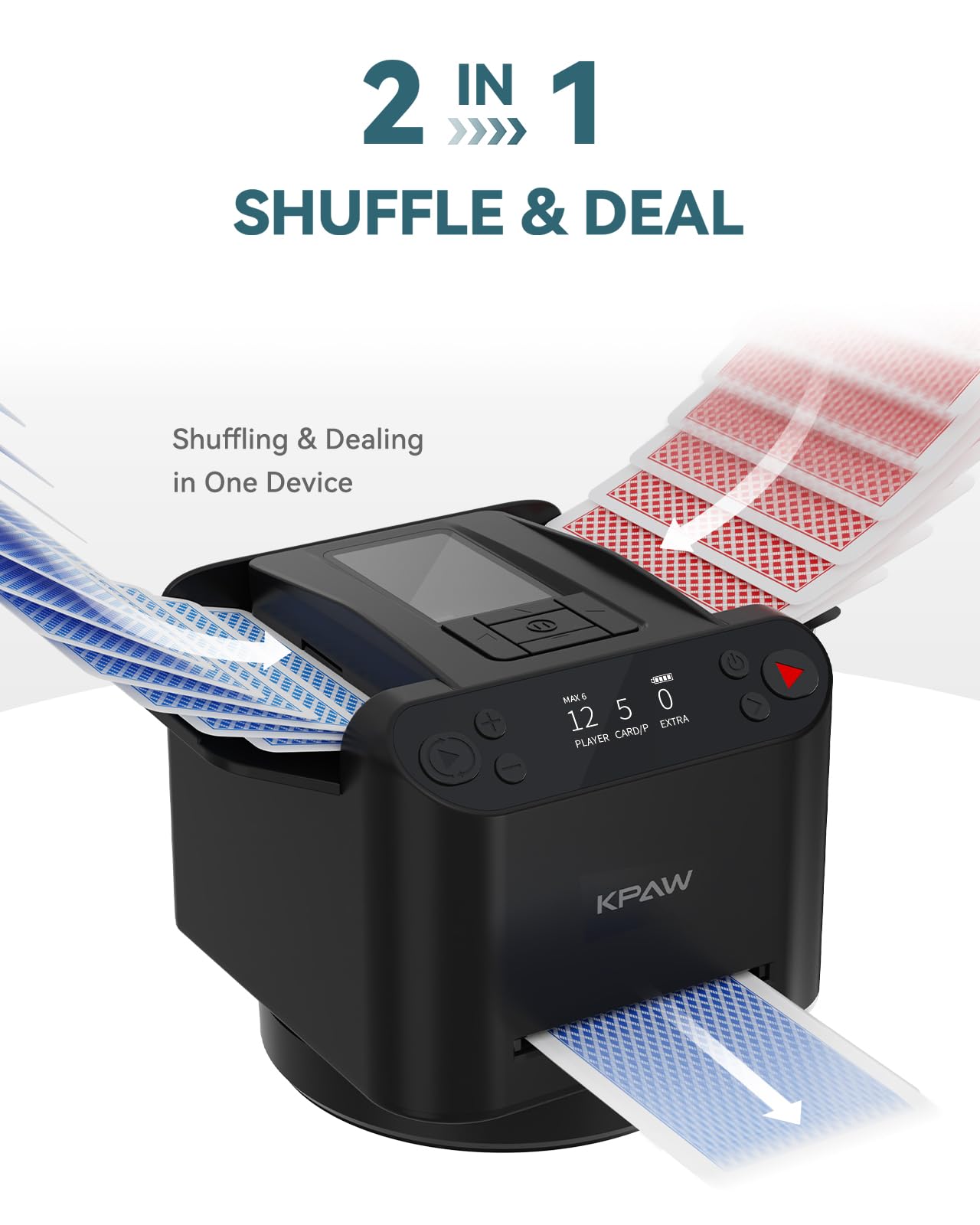 KPAW Automatic Card Shuffler and Dealer - 1-2 Decks Support 12 Players, 4 Drawing Remotes, Built-in Gameplays, 360°/180° Deal, for Poker, UNO, Phase 10, Skip-Bo, Rummy (Black)