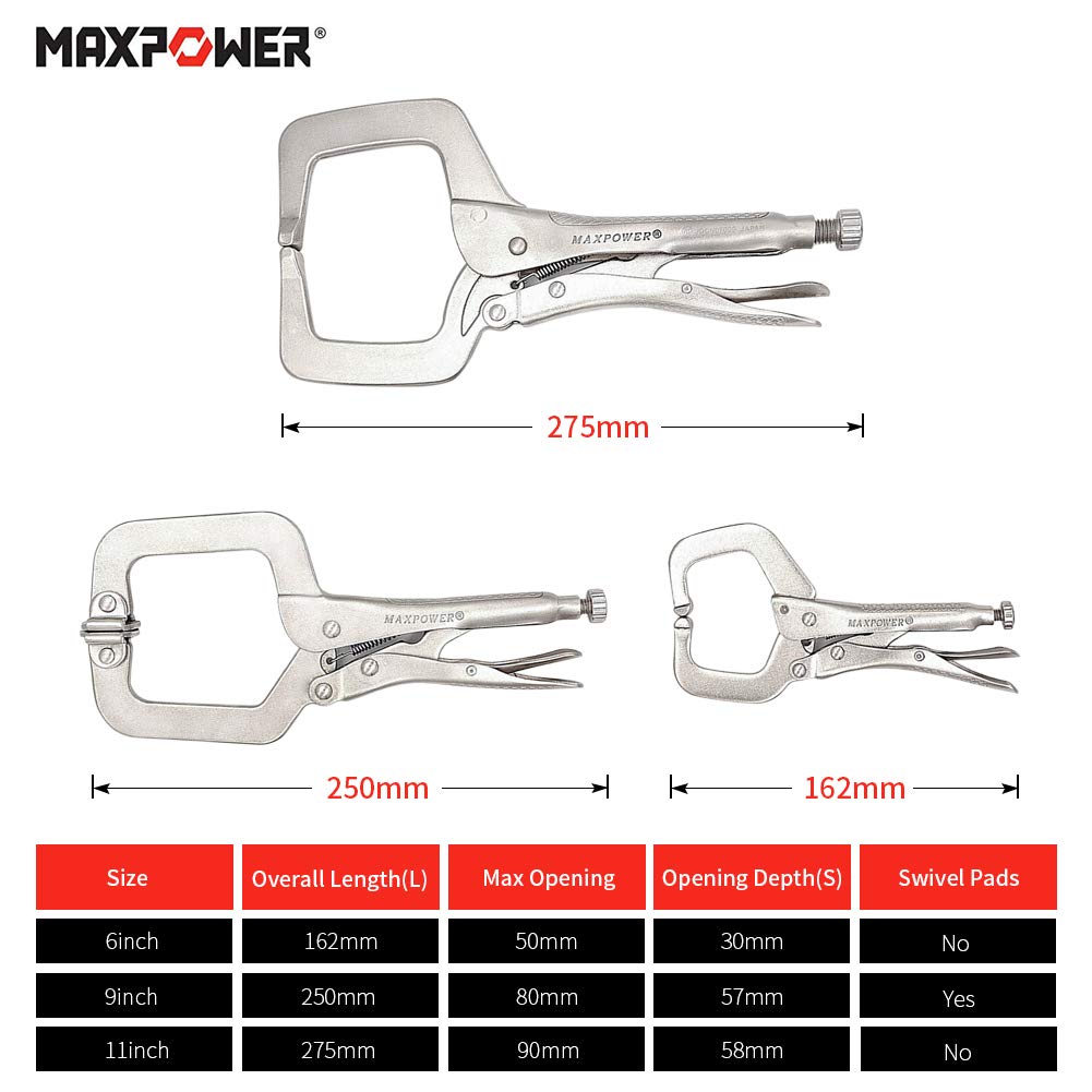 MAXPOWER 15-pc Locking Pliers Set with C-clamps, Long Nose, Pinch Off, Sheet Metal Clamp, U Shaped Pliers and Tool Bag