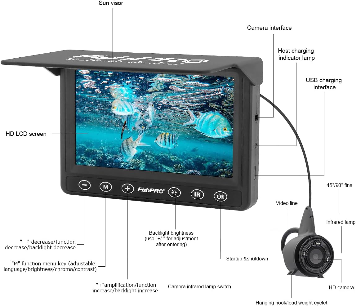 FishPRO Underwater Fishing Camera, Portable Fish Finder Camera HD 1000 TVL Infrared LED with 4.3 Inch LCD Monitor for Ice Lake Sea Boat Kayak Fishing
