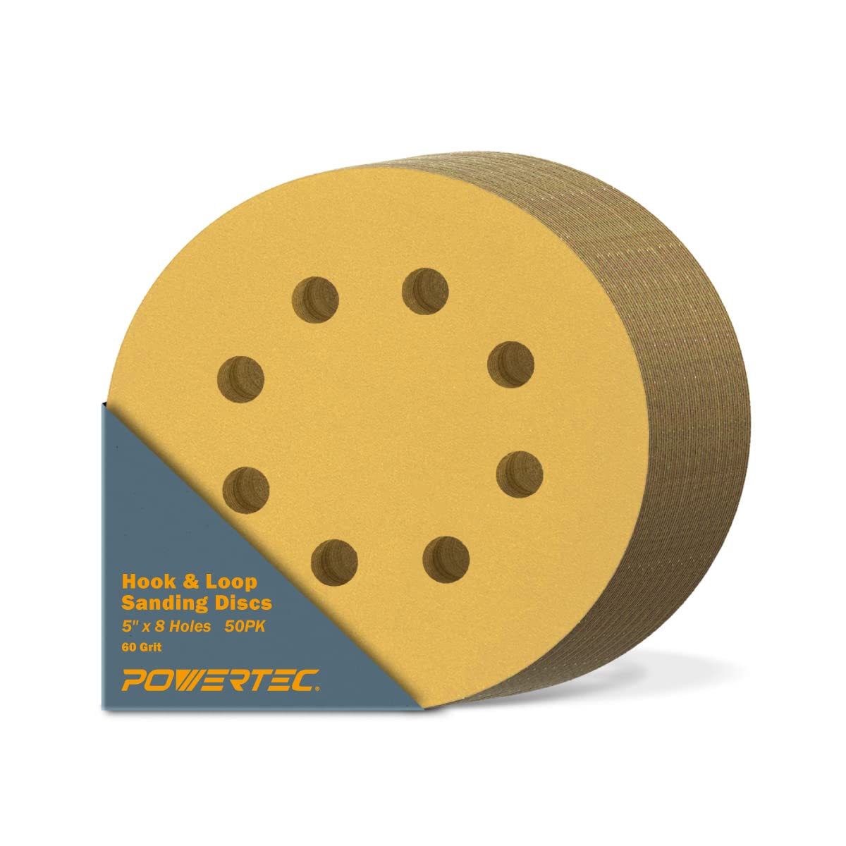POWERTEC 50 PCS 220 Grit - 5 Inch 8 Hole Hook and Loop Sanding Discs, 5" Sanding Pads for Automotive, Drywall, Woodworking with Orbital Sander, Air, and DA Sander (44022G-50)