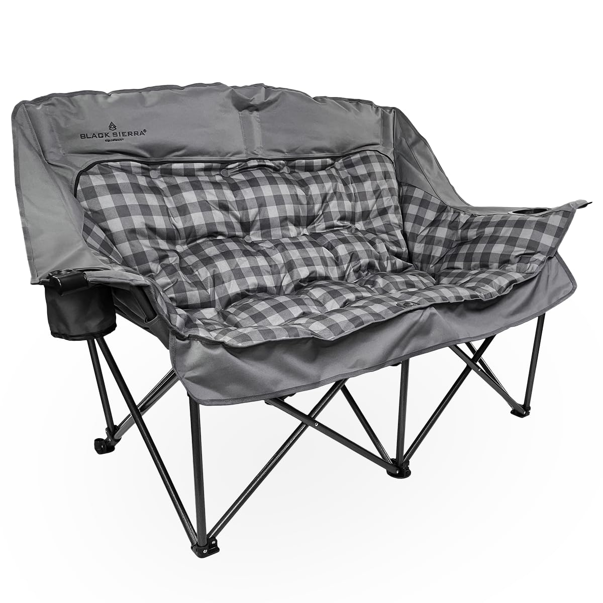Black Sierra Oversized Plush Padded Camping Sofa, Portable Outdoor Loveseat Supports 500 Lbs, XL Foldup Couch w/Dual Cupholders and Carry Bag, Great for Beach, Camping, RV, Patio