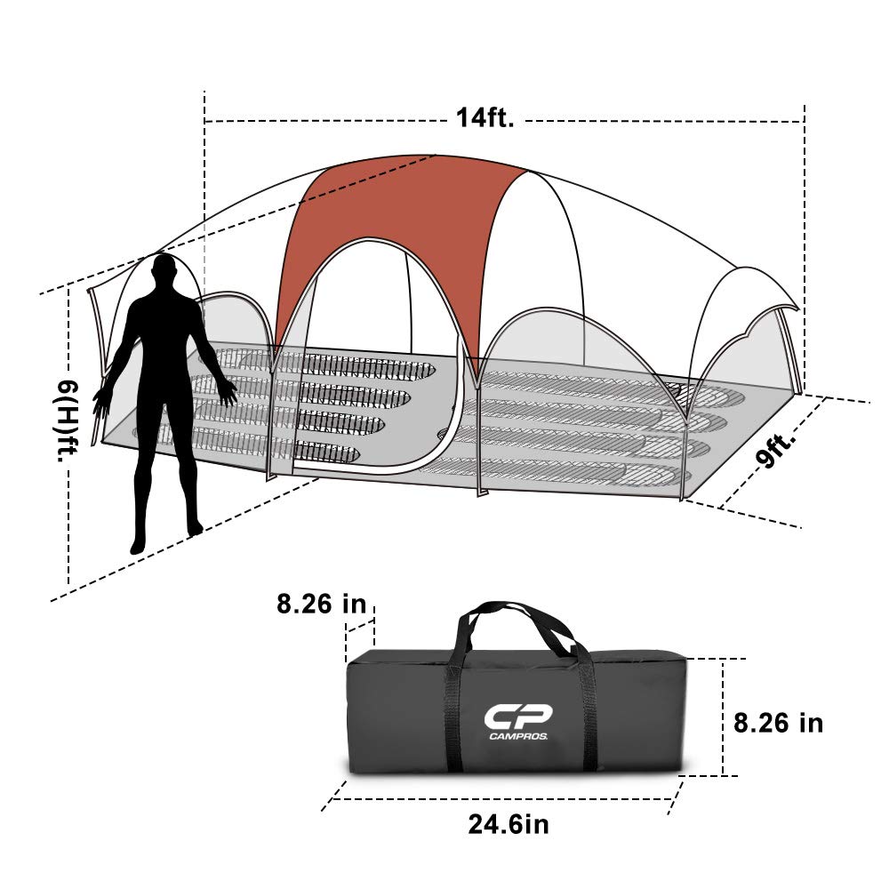 CAMPROS CP Tent 8 Person Camping Tents, Weather Resistant Family Tent, 5 Large Mesh Windows, Double Layer, Divided Curtain for Separated Room, Portable with Carry Bag