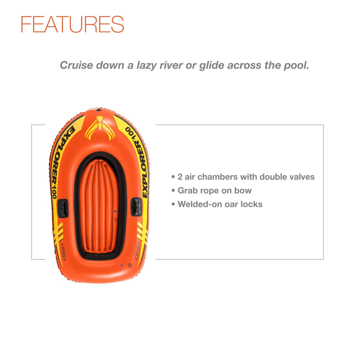 INTEX Explorer Inflatable Boat Series: Dual Air Chambers – Welded Oar Locks – Grab Handles – Bow Rope – Sporty Design