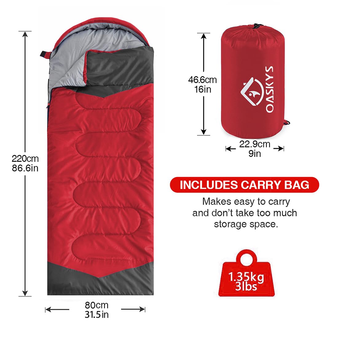 oaskys Camping Sleeping Bag - 3 Season Warm & Cool Weather - Summer Spring Fall Lightweight Waterproof for Adults Kids - Camping Gear Equipment, Traveling, and Outdoors