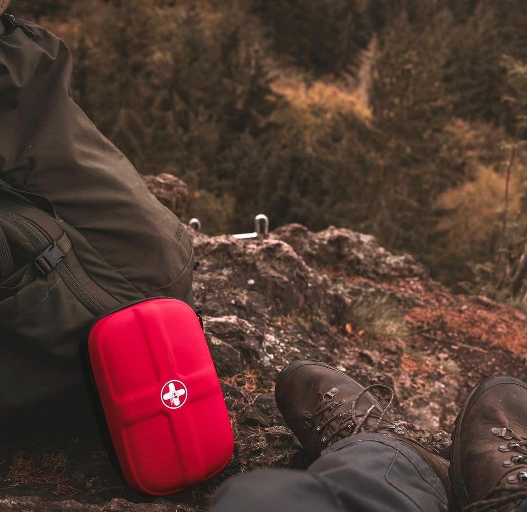RHINO RESCUE EVA First Aid Kit, HSA/FSA Eligible, Small Waterproof Portable Emergency Hiking First Aid Kit for Backpackingg, Medical Kit for Travel, Home, Car, College Dorm, Camping, Boat (Red)