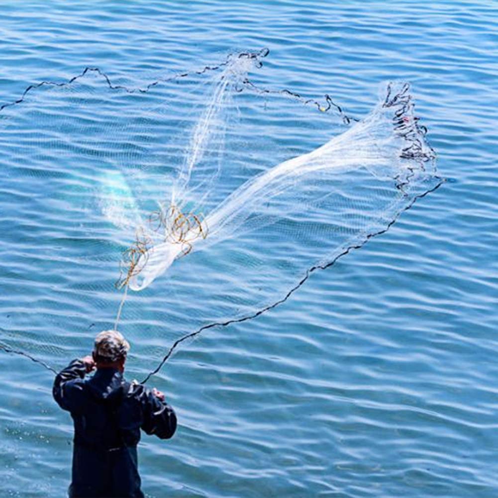 Yeahmart American Saltwater Fishing Cast Net for Bait Trap Fish 3ft/4ft/5ft/6ft/7ft/8ft/9ft/10ft Radius Casting Nets with Heavy Duty Real Zinc Sinker Weights, 3/8inch Mesh Size