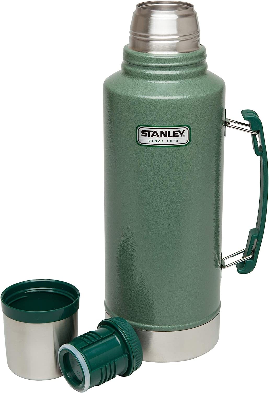 Stanley Heritage Classic Vacuum Bottle with Handle 1.1 qt | Wide Mouth with Leakproof Cup Lid | Keep Drinks Hot or Cold for Travel | Insulated Stainless Steel Thermos | BPA-Free | Hammertone Green