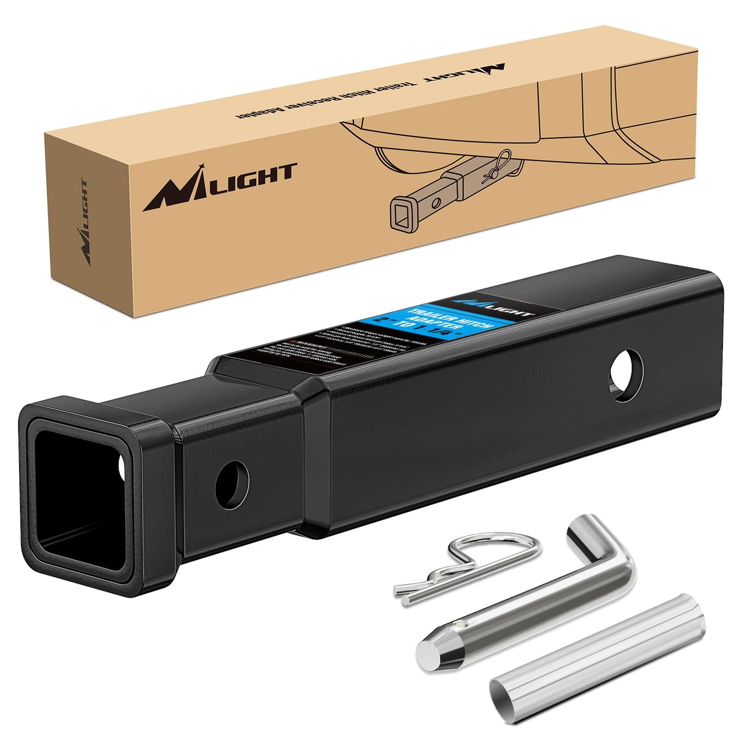 Nilight Trailer Hitch Receiver Extender Adapter Reducer 1-1/4 to 2Inch Hitch Adapter 6-1/2 inch Extension Sleeve Convertor 350Lbs with 1/2-Inch Diameter Pin and Clip with 5/8-Inch Adapter