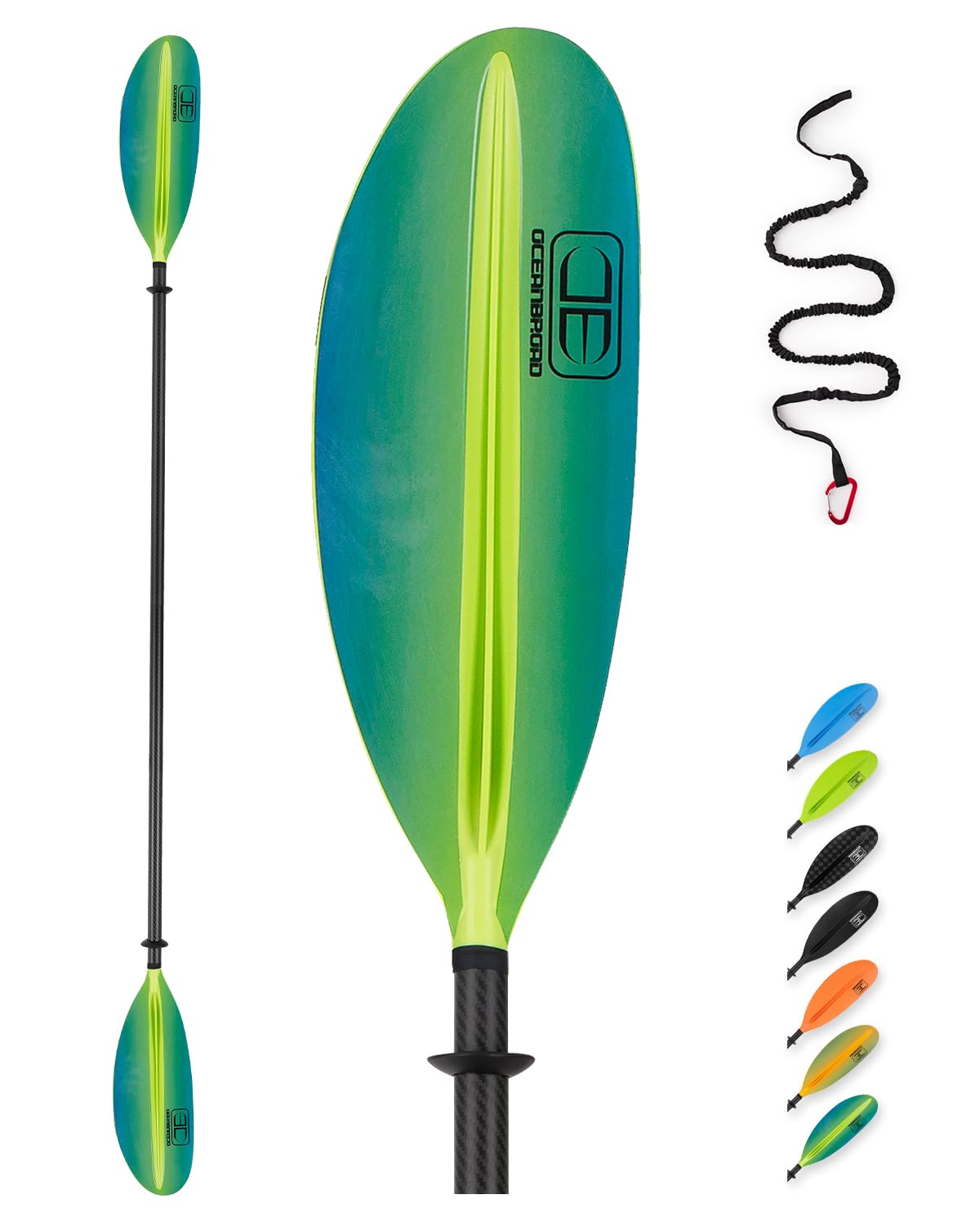 OCEANBROAD Carbon Fiber Kayak Paddle 90.5in/230cm, 86in/218cm for Adults Kayaking Boating Canoeing Oar with Paddle Leash