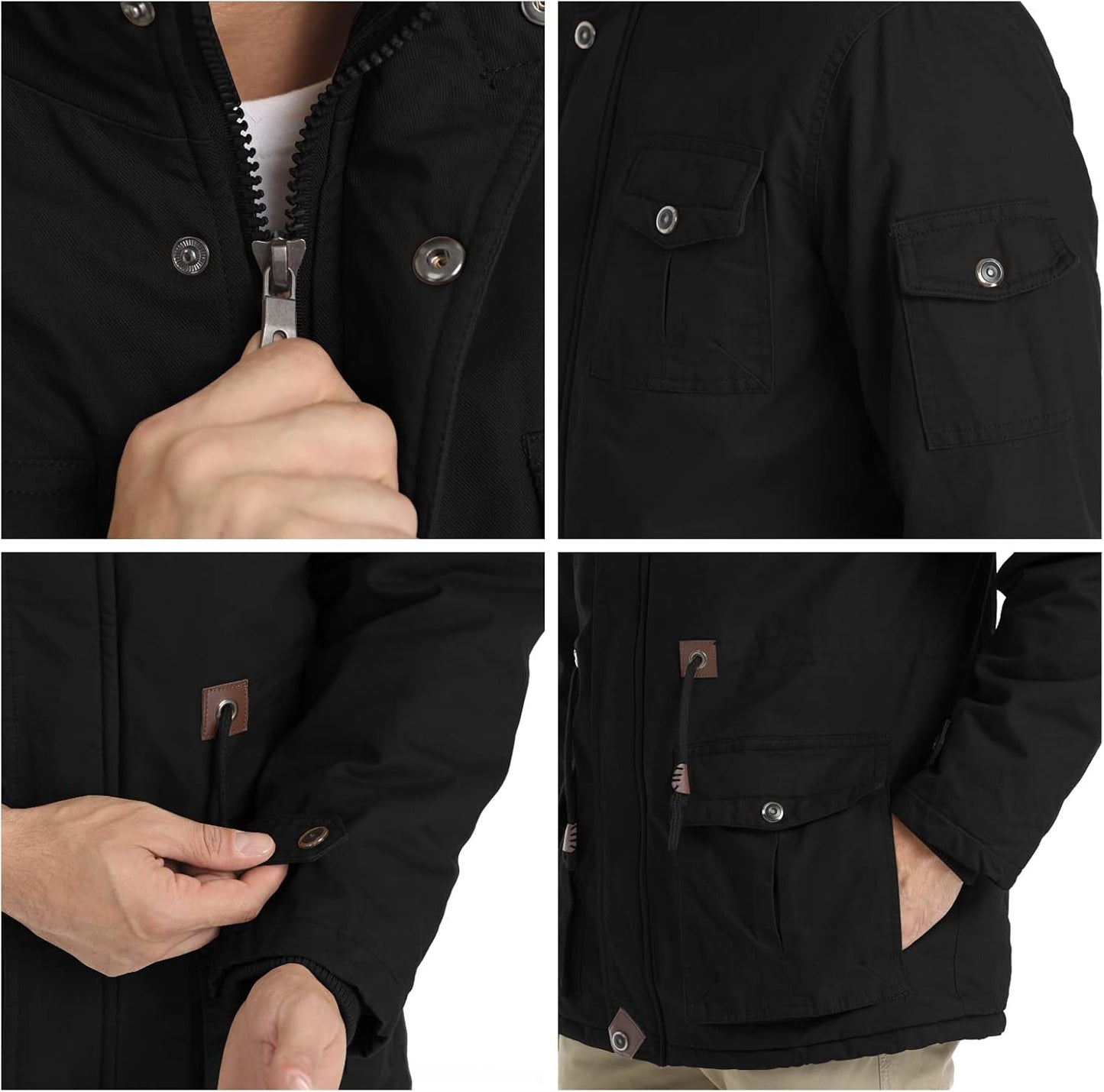CHEXPEL Men's Thick Winter Jackets with Hood, Fleece Lining, Cotton Military Work Jackets with Cargo Pockets, Outwear
