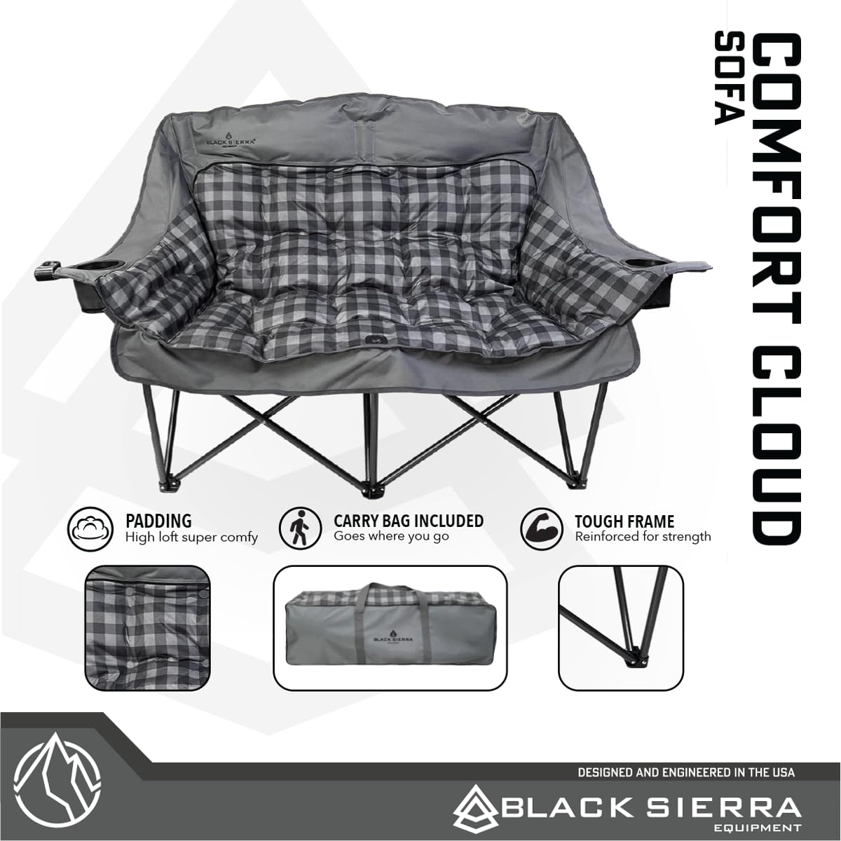 Black Sierra Oversized Plush Padded Camping Sofa, Portable Outdoor Loveseat Supports 500 Lbs, XL Foldup Couch w/Dual Cupholders and Carry Bag, Great for Beach, Camping, RV, Patio