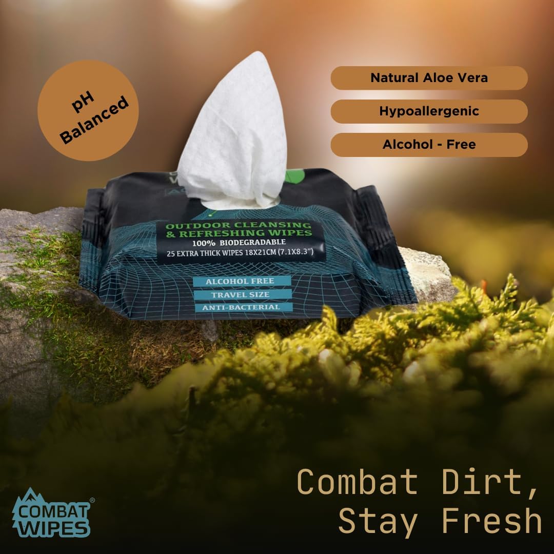 Combat Wipes ACTIVE Outdoor Wet Wipes - Extra Thick Camping Gear, Biodegradable, Body & Hand Cleansing/Refreshing Cloths for Backpacking & Gym w/Natural Aloe & Vitamin E (25 Wipes)