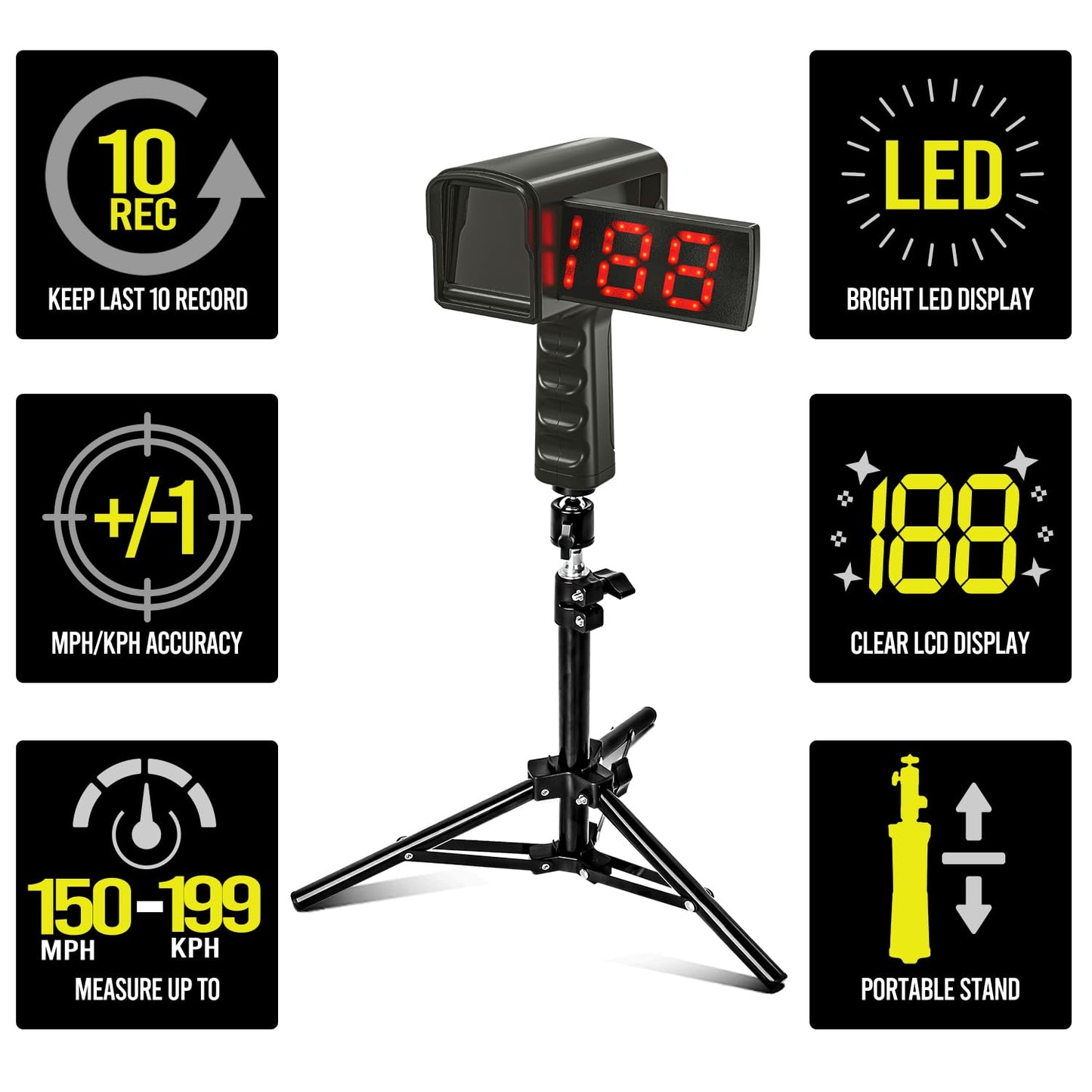 WEEPALM Baseball Radar Gun - Accurate Speed Sensors Baseball Speed Training Equipment with LED+LCD Dual Display,Handheld or Hand Free Speed Radar Gun for All Baseball Players| with Tripod