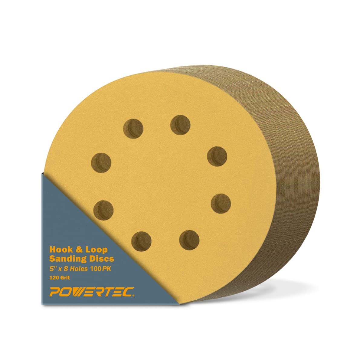 POWERTEC 50 PCS 220 Grit - 5 Inch 8 Hole Hook and Loop Sanding Discs, 5" Sanding Pads for Automotive, Drywall, Woodworking with Orbital Sander, Air, and DA Sander (44022G-50)