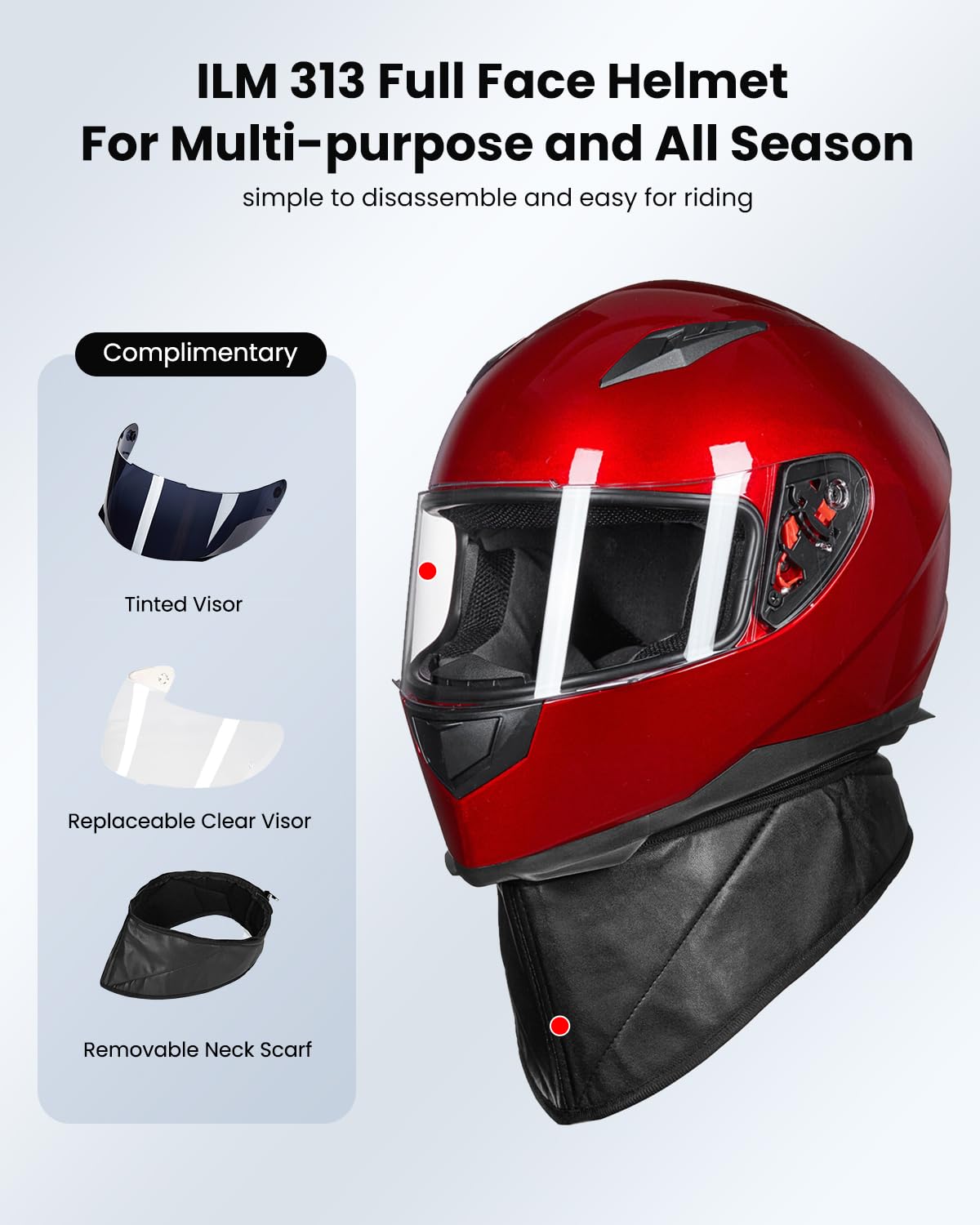 ILM Full Face Motorcycle Street Bike Helmet with Removable Winter Neck Scarf + 2 Visors DOT Model-JK313