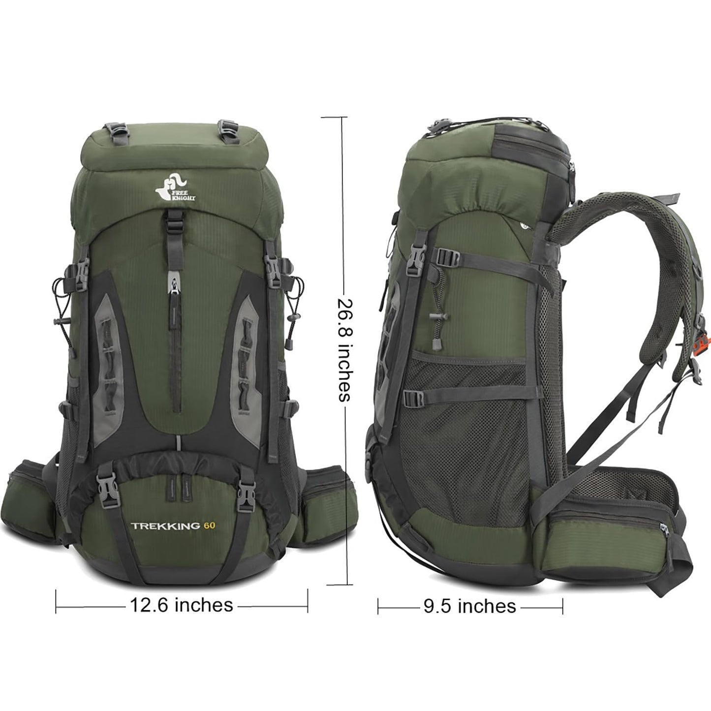 Bseash 60L Hiking Camping Backpack with Rain Cover, Waterproof Large Capacity Outdoor Sport Travel Daypack Climbing Touring (Army Green)