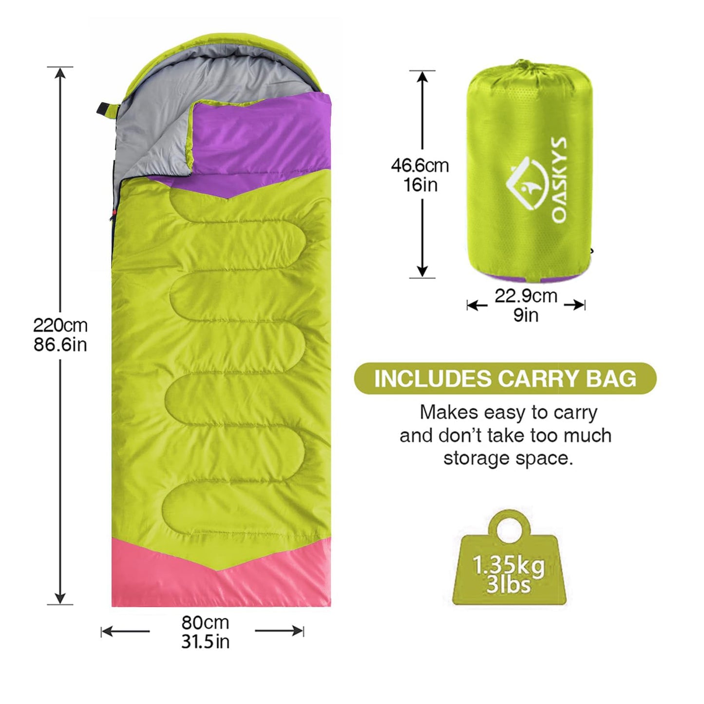 oaskys Camping Sleeping Bag - 3 Season Warm & Cool Weather - Summer Spring Fall Lightweight Waterproof for Adults Kids - Camping Gear Equipment, Traveling, and Outdoors
