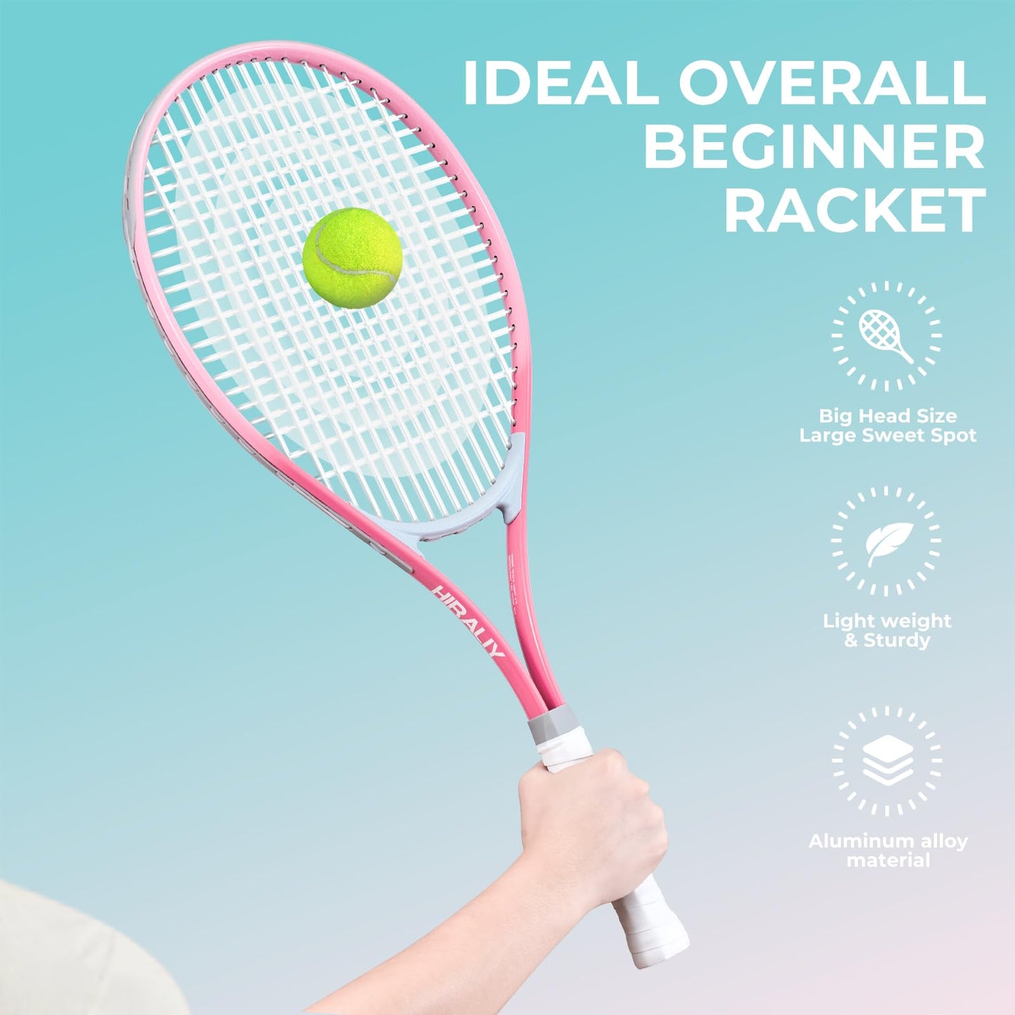 HIRALIY 27" Tennis Rackets Set for Adults, 2 Player Pre-Strung Tennis Racquets, 2 Overgrip Tapes,3 Balls, and 1 Carrying Bag, Outdoor Recreational Sport for Beginner (Pink/Green)