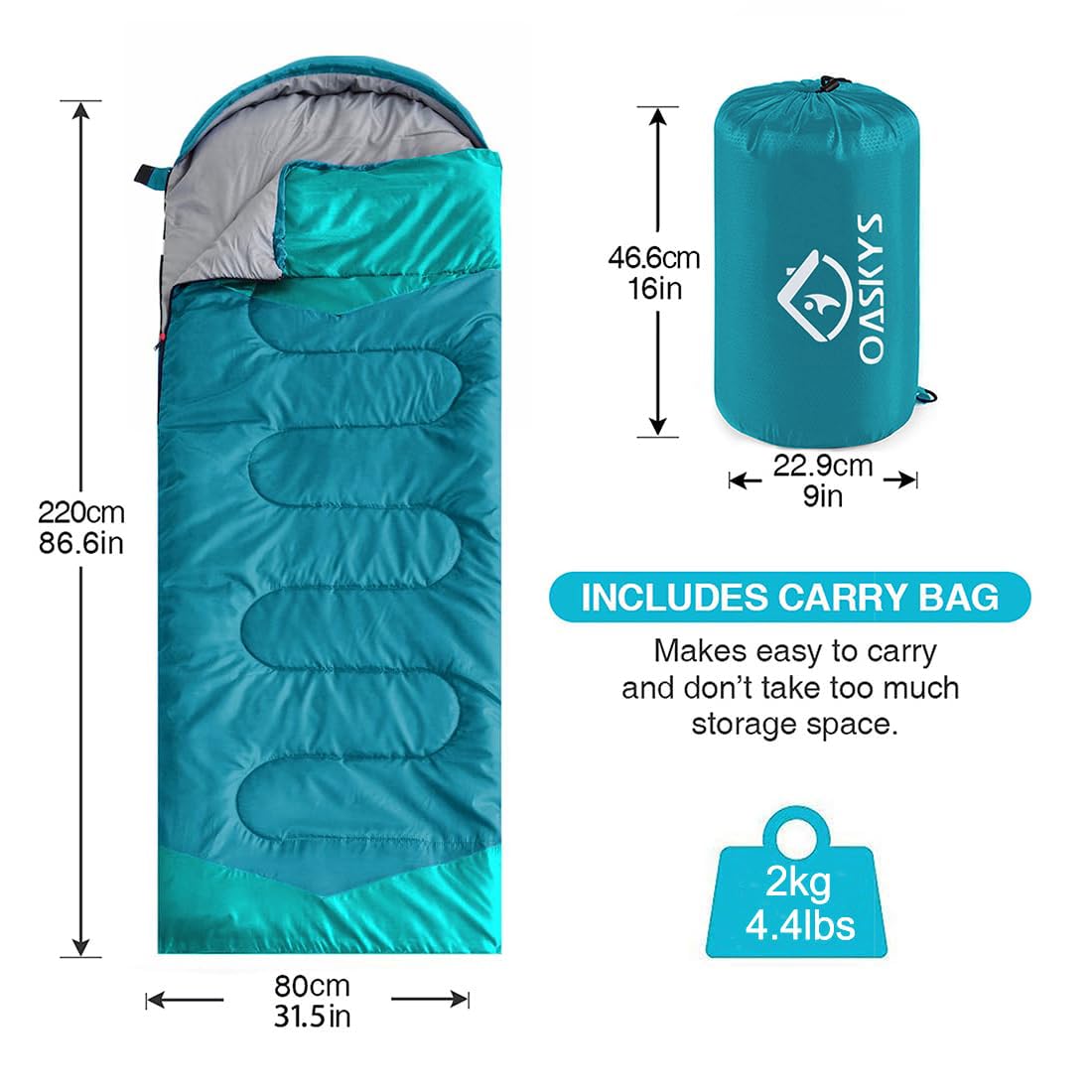 oaskys Camping Sleeping Bag - 3 Season Warm & Cool Weather - Summer Spring Fall Lightweight Waterproof for Adults Kids - Camping Gear Equipment, Traveling, and Outdoors