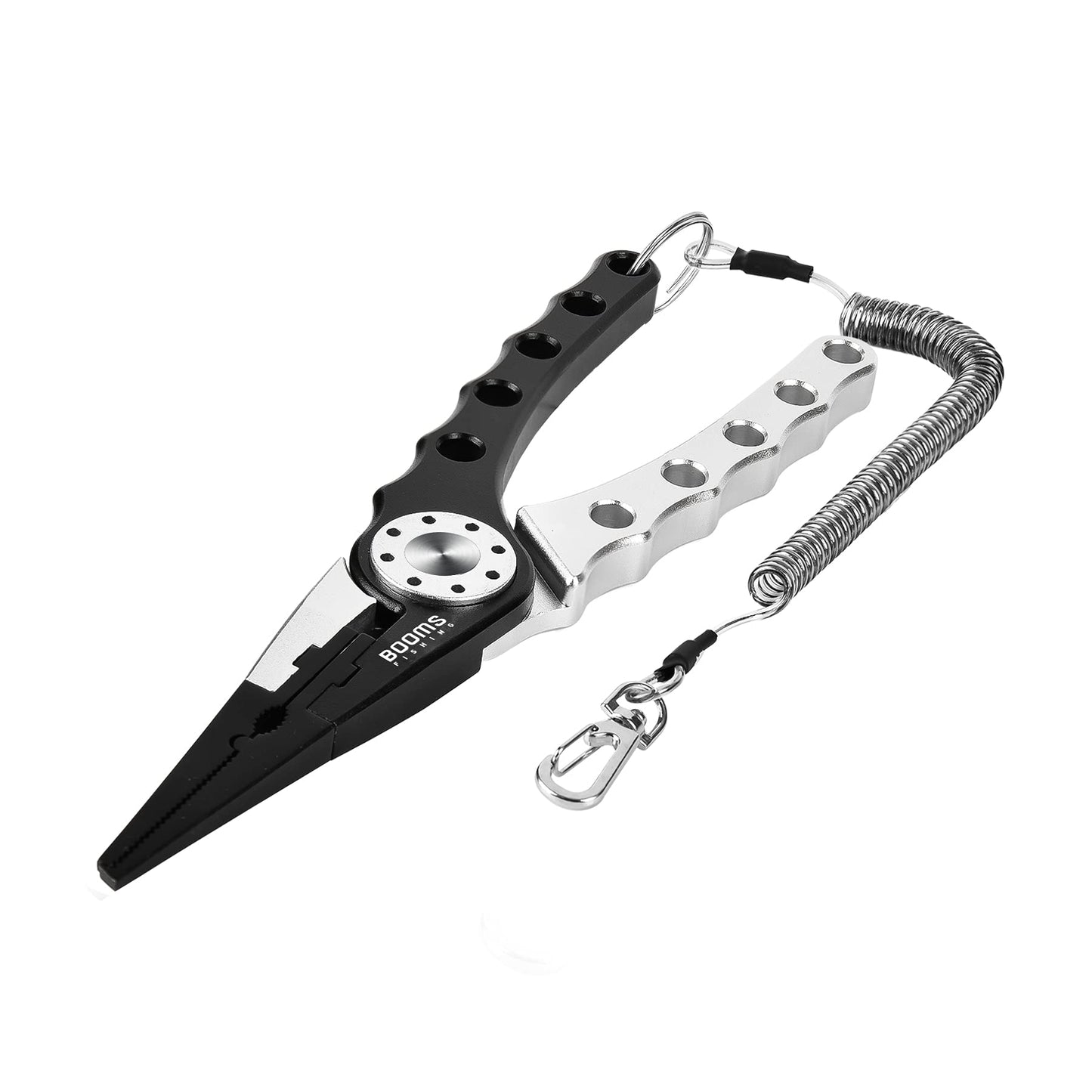 Booms Fishing X1 Aluminum Fishing Pliers Saltwater, Surf Fishing Tackle Kit, Fishing Multitool Hook Remover Braided Fishing Line Cutting and Split Ring with Coiled Lanyard and Sheath
