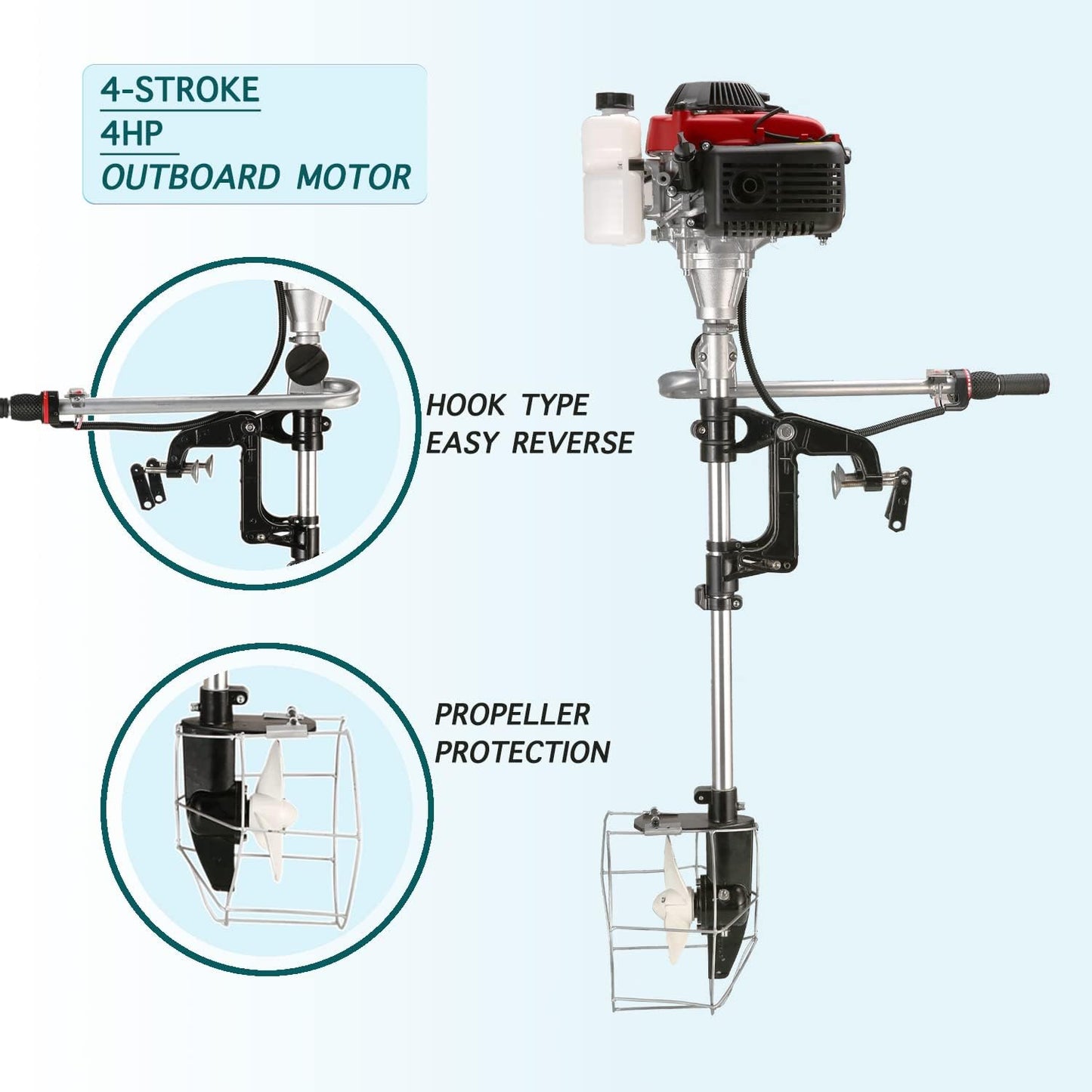 Outboard Motor Boat Engine 4 Stroke 4.0 HP Marine Boat Motor with Air Cooling System and Manual Pull Start for Inflatable Fishing Boats Yachts Water Sport Tools, with Shade