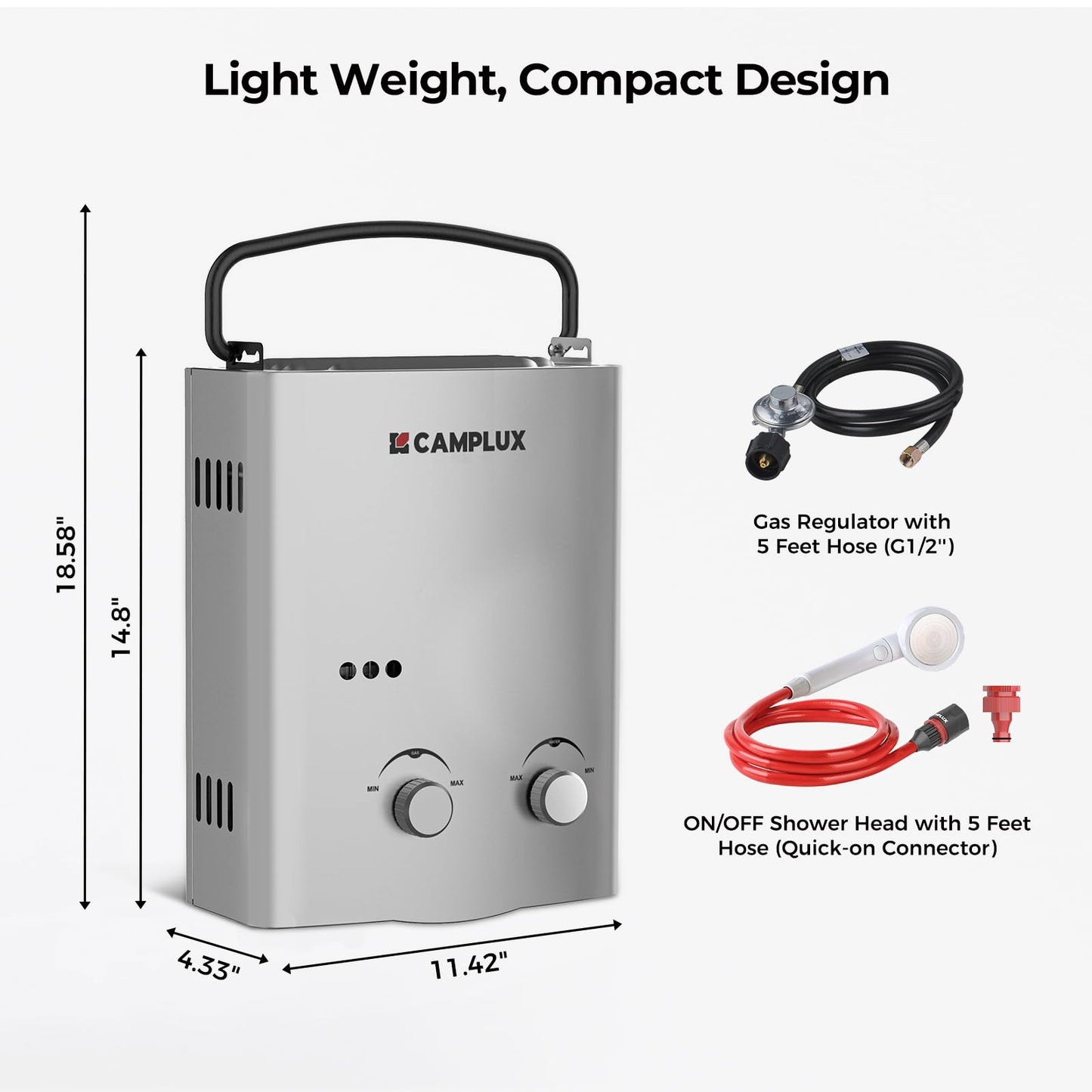 CAMPLUX Tankless Water Heater Outdoor, 1.32 GPM Portable Propane Camping Water Heater, 5L, AY132, White