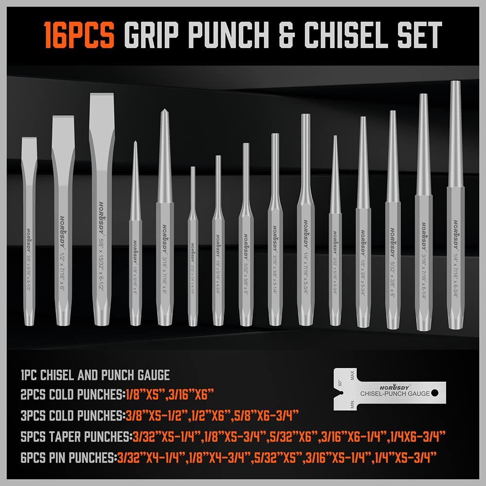 HORUSDY 16-Piece Punch and Chisel Set, Including Taper Punch, Cold Chisels, Pin Punch, Center Punch