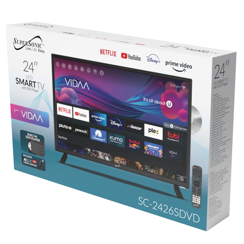 Supersonic SC-2426SDVD 24-inch LED Smart HDTV w/DVD Player, ATSC & NTSC System, 3X HDMI, 1080p, WiFi, USB, Multi Language OSD, AC/DC Compatible for Home, Kitchen, or RV Camper, DC Car Cord Included