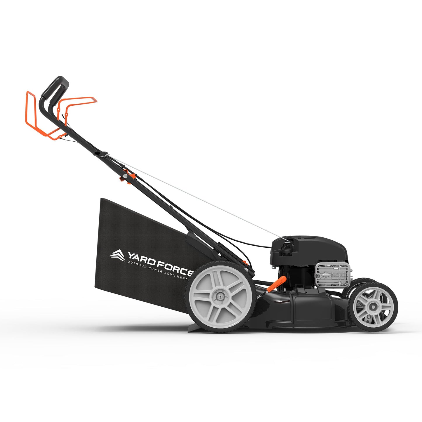 Yard Force Self Propelled Lawn Mower Briggs & Stratton 150cc Gas Engine 22-inch Steel Deck 3-in-1 Mulch, Bag, Side Discharge, 12-inch High Rear Wheels