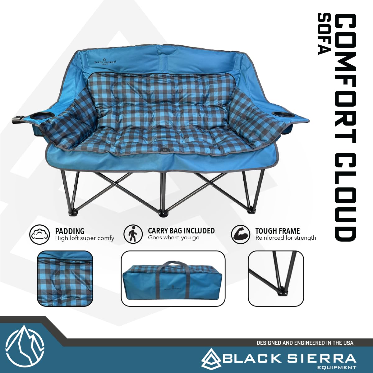 Black Sierra Oversized Plush Padded Camping Sofa, Portable Outdoor Loveseat Supports 500 Lbs, XL Foldup Couch w/Dual Cupholders and Carry Bag, Great for Beach, Camping, RV, Patio