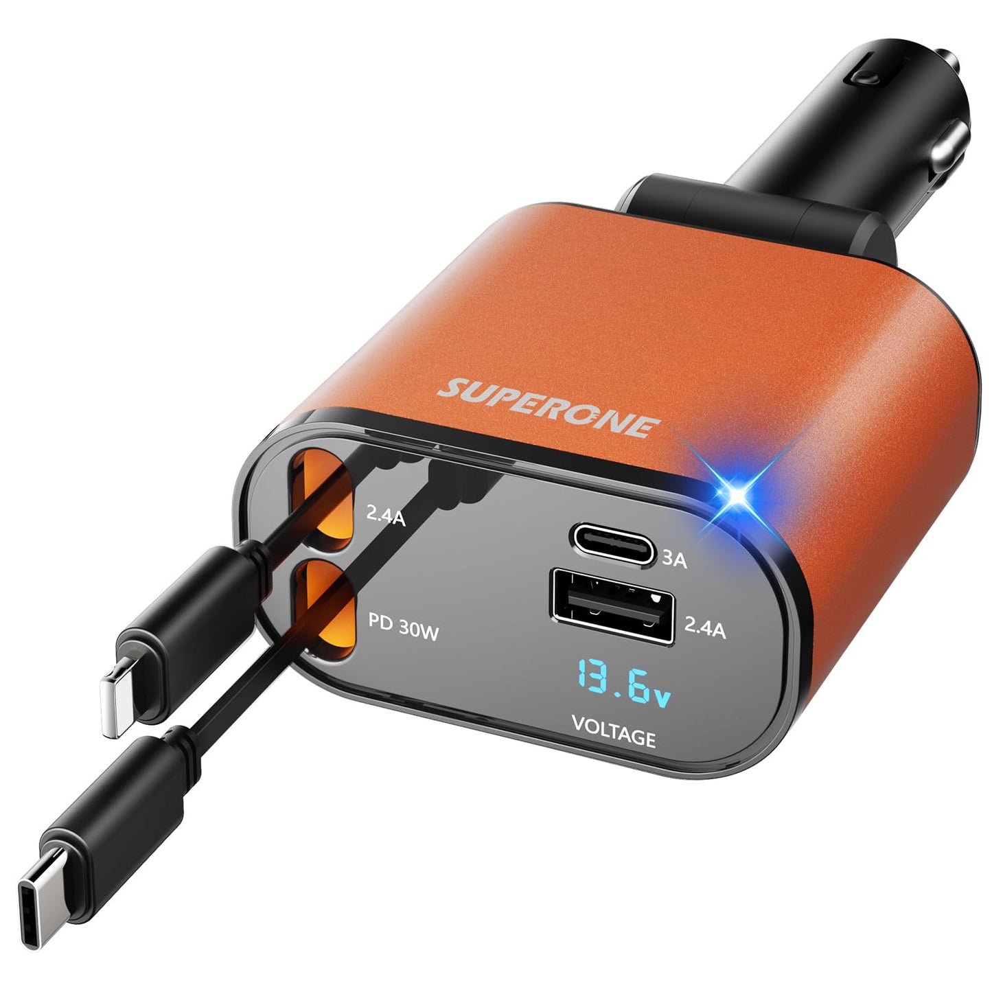 【Upgraded】 SUPERONE Retractable Car Charger 4 in 1, Fast Car Phone Charger with Cord 2.6ft, USB C and Apple Car Adapter, Compatible with iPhone 16 15/15 Pro Max/14/13/12/11, Galaxy, Pixel