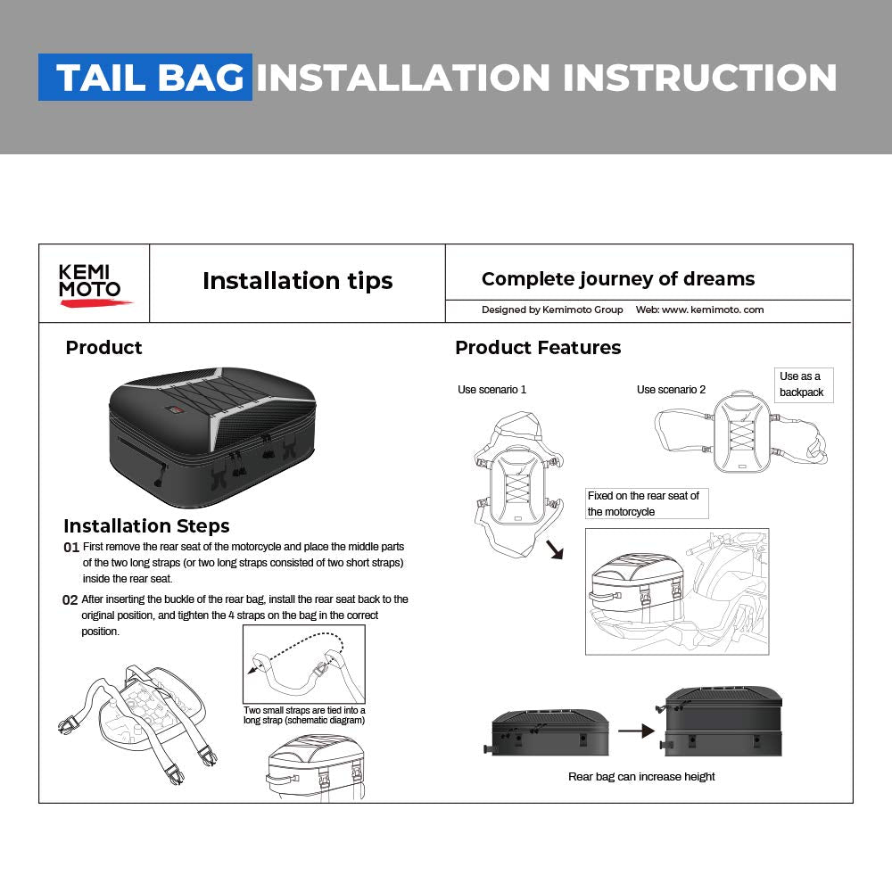 KEMIMOTO Motorcycle Tail Bag, Dual Use Motorcycle Rear Seat Bag with Waterproof Rain Cover, 22L-34L Expandable Motorbike Helmet Bag Luggage Storage Backpack with 6 straps