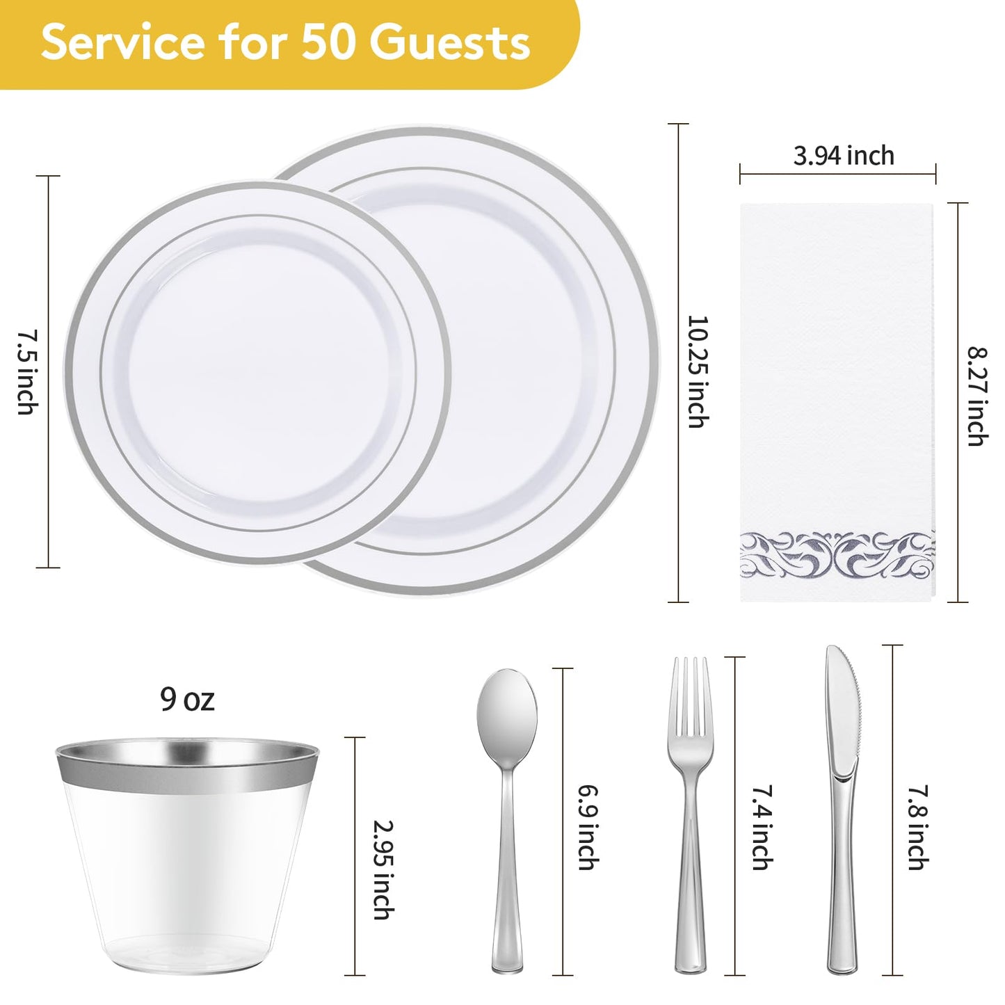 Goodluck 700 Piece Silver Dinnerware Set for 100 Guests, Disposable Plastic Plates for Party, Include: 100 Dinner Plates, 100 Dessert Plates, 100 Paper Napkins, 100 Cups, 100 Silverware set