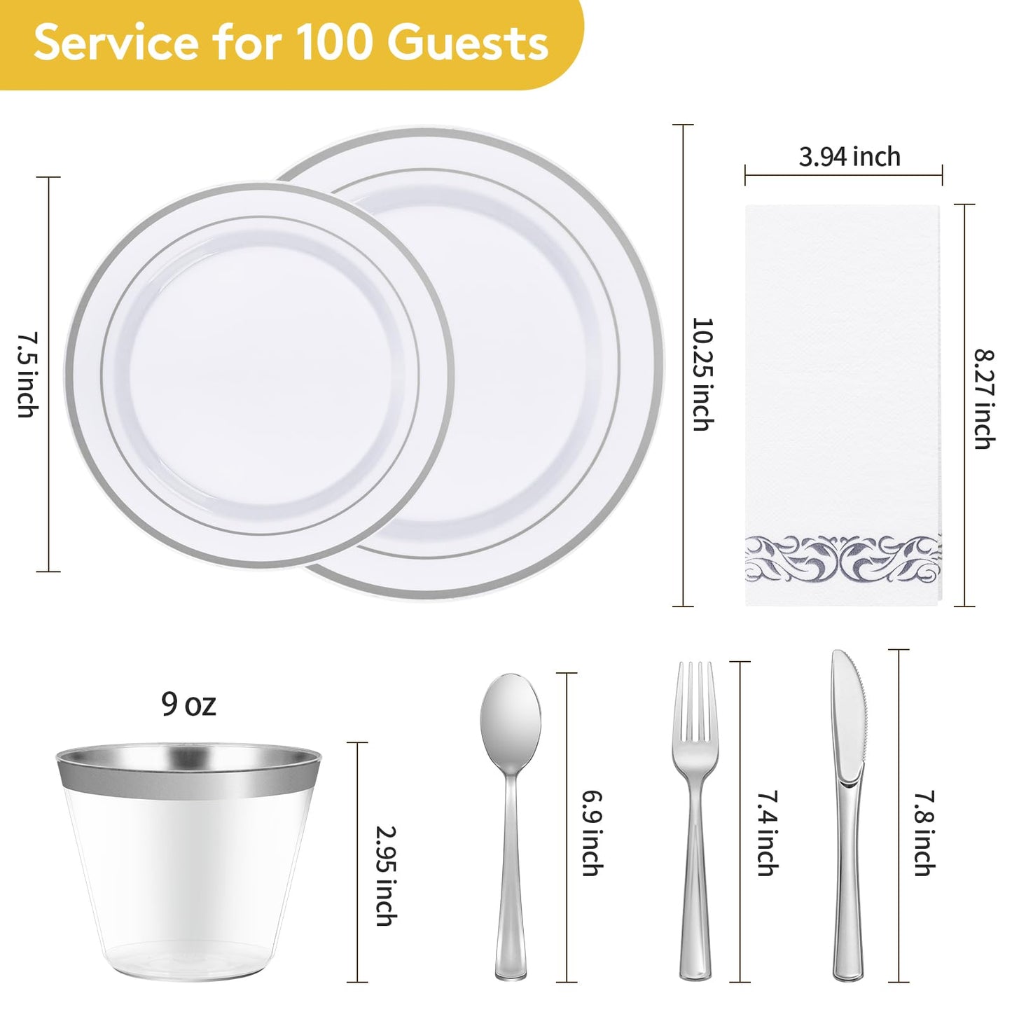 Goodluck 700 Piece Silver Dinnerware Set for 100 Guests, Disposable Plastic Plates for Party, Include: 100 Dinner Plates, 100 Dessert Plates, 100 Paper Napkins, 100 Cups, 100 Silverware set