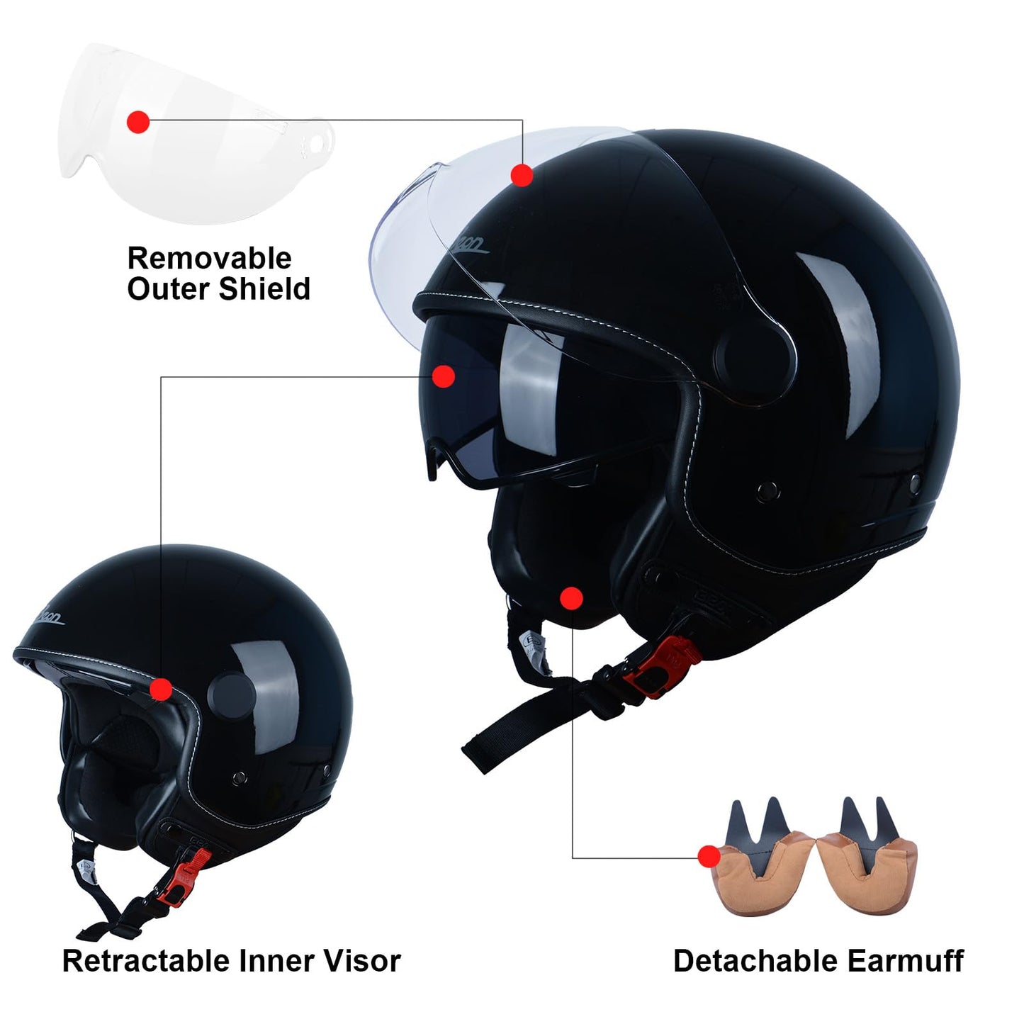 Open Face Motorcycle Helmet for Adults, DOT Approved,3/4 Retro Vespa Helmet, Dual Visors Men's and Women's Motorbike Casco for Moped Cruiser Bobber and Chopper