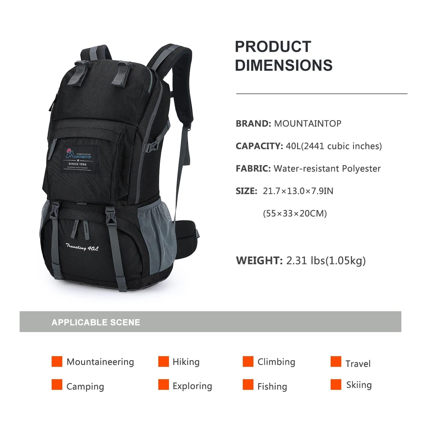 MOUNTAINTOP 40L Hiking Backpack Lightweight Travel Backpack for Men&Women Outdoor Camping Backpacking