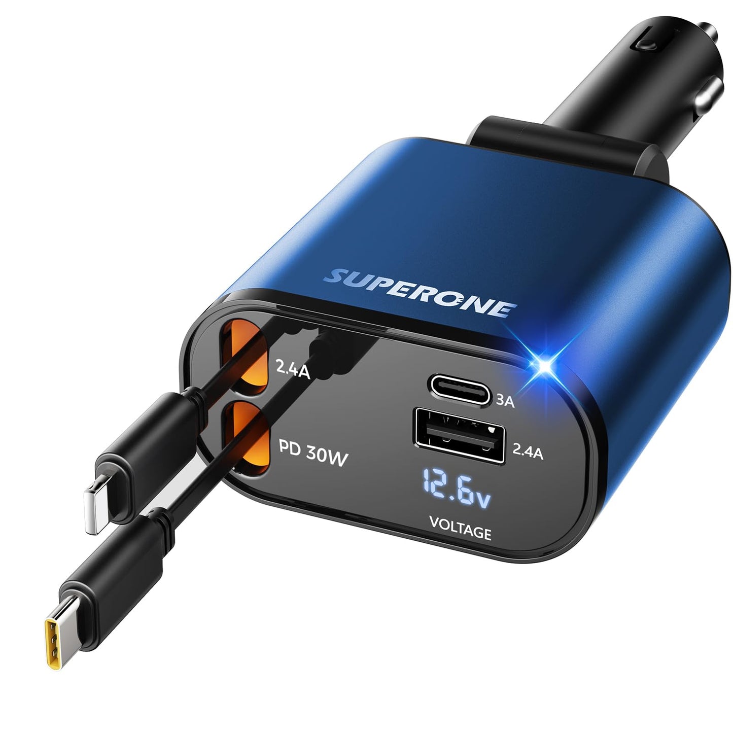 【Upgraded】 SUPERONE Retractable Car Charger 4 in 1, Fast Car Phone Charger with Cord 2.6ft, USB C and Apple Car Adapter, Compatible with iPhone 16 15/15 Pro Max/14/13/12/11, Galaxy, Pixel