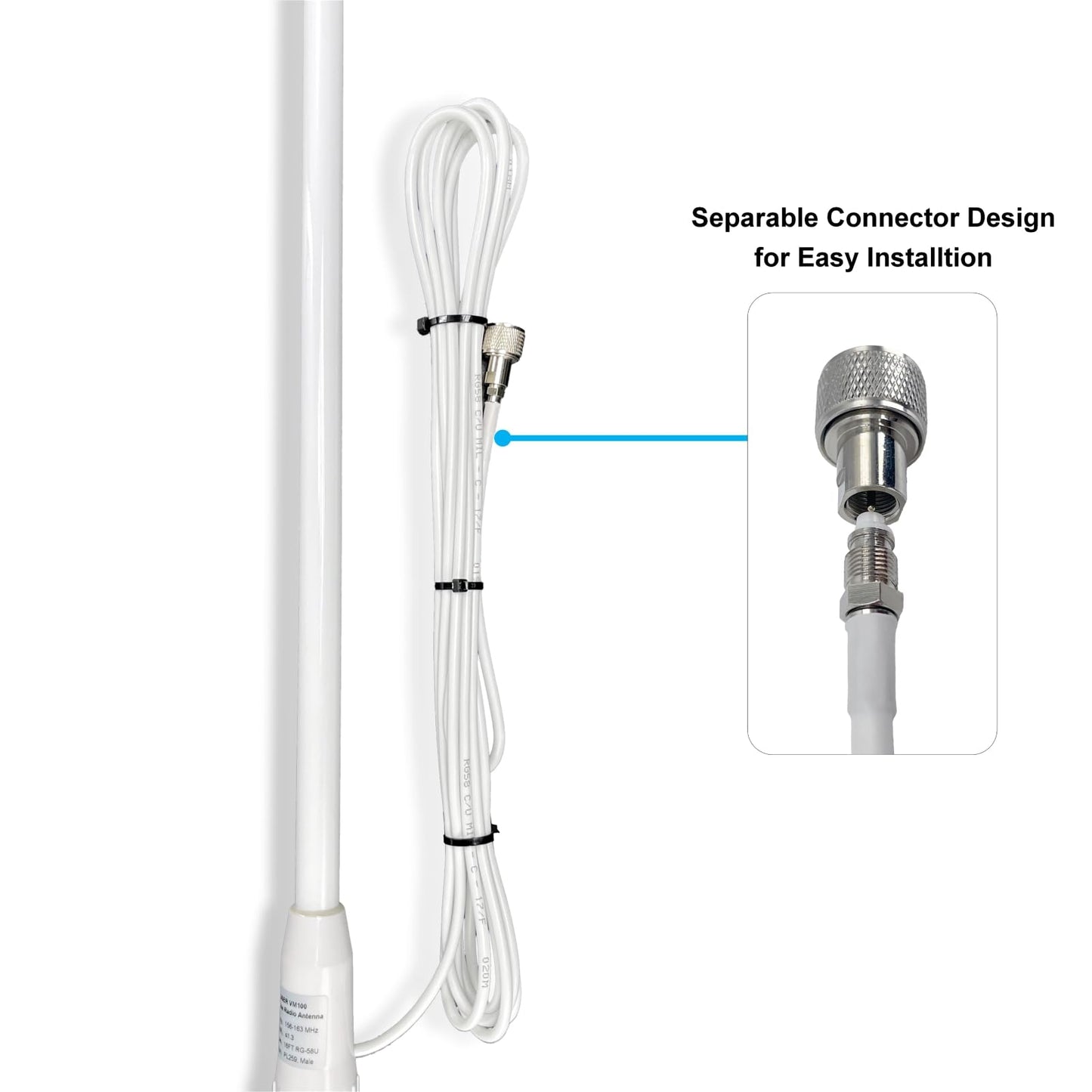 VM100 VHF Marine Radio Antenna,44 Inch Waterproof Fiberglass Boat Antenna with Adjustable Ratchet Fixed Mount and 16 ft RG-58U Cable