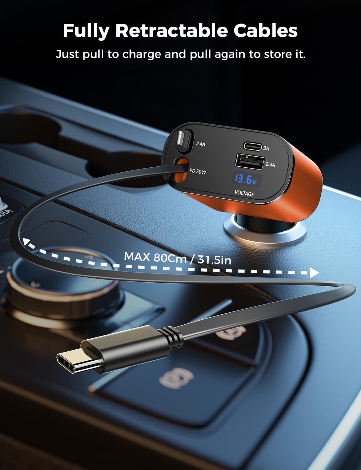 【Upgraded】 SUPERONE Retractable Car Charger 4 in 1, Fast Car Phone Charger with Cord 2.6ft, USB C and Apple Car Adapter, Compatible with iPhone 16 15/15 Pro Max/14/13/12/11, Galaxy, Pixel