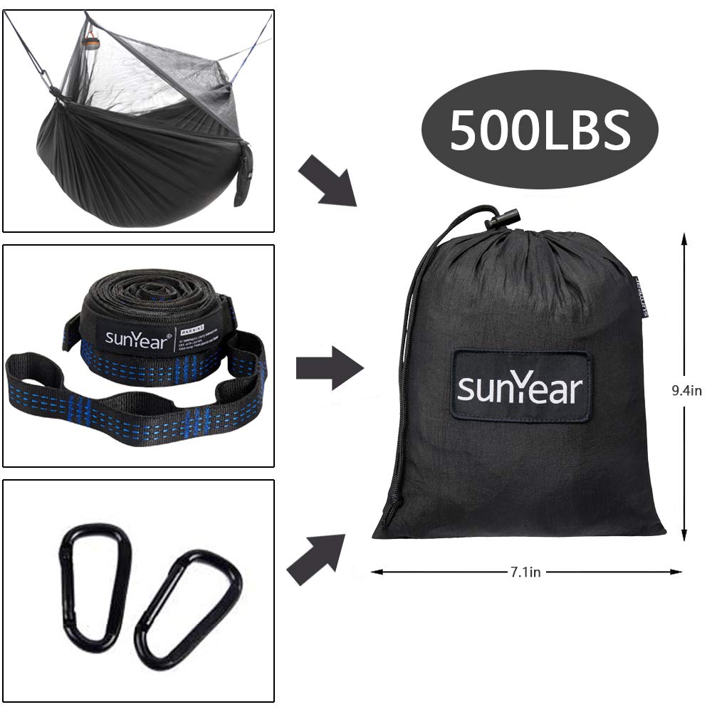 Sunyear Hammock Camping with Rain Fly Tarp and Net, Portable Camping Hammock Double Tree Hammock Outdoor Indoor Backpacking Travel & Survival, 2 Tree Straps,100% Waterproof
