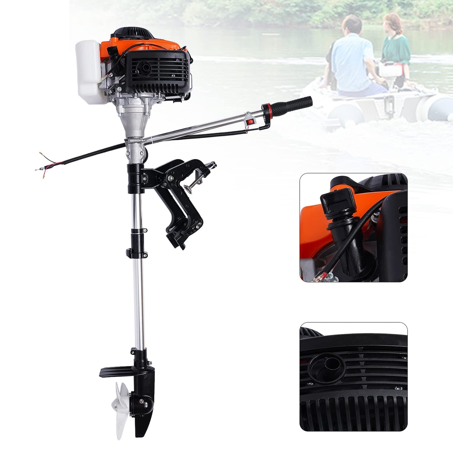 6HP Heavy Duty Outboard Motor, 170cc 4 Stroke Gas Outboard Boat Motor Engine with Air Cooling System, 3.2KW Single Cylinder Fishing Boat Engine for 3-7m Length