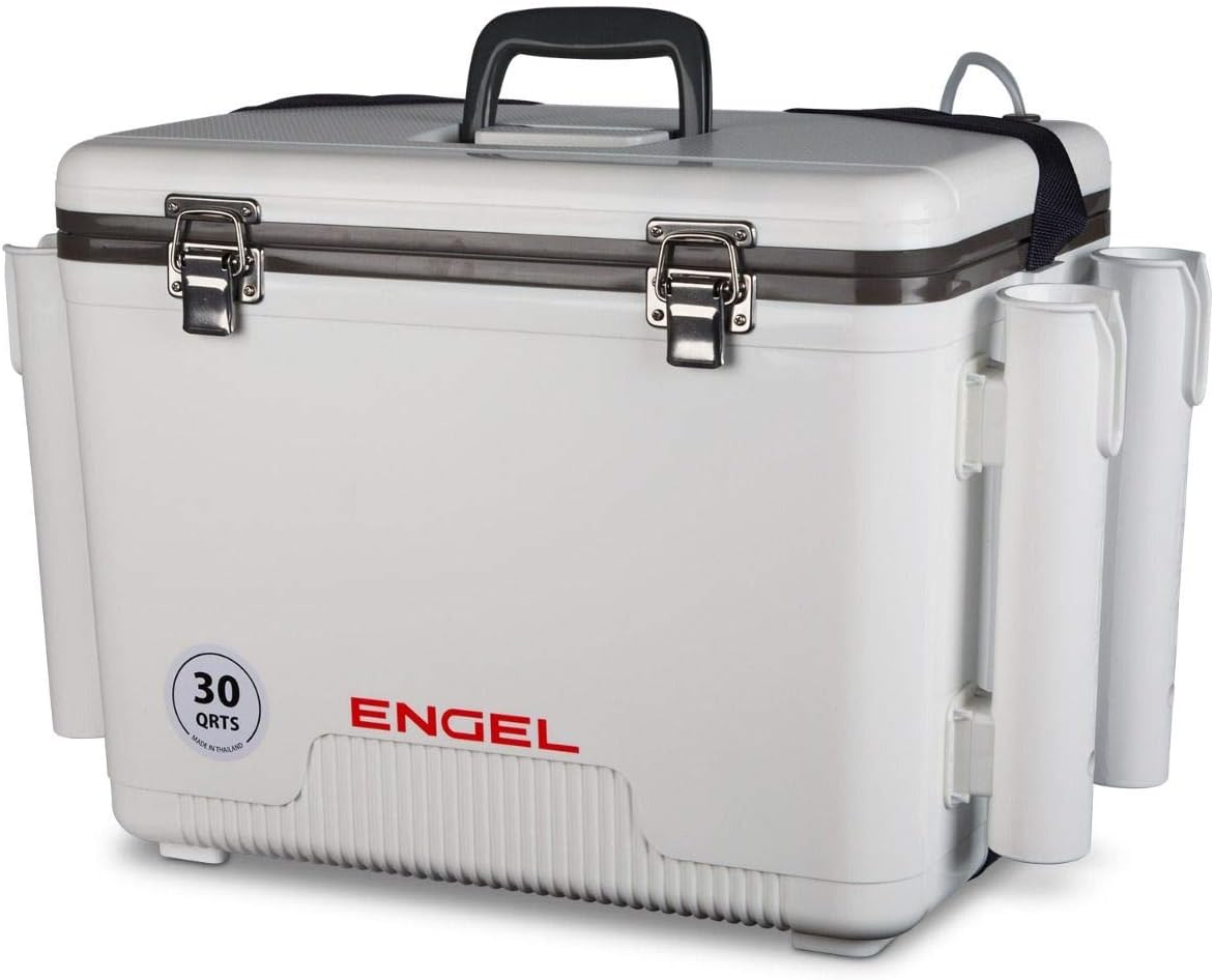 Engel 30qt Live Bait Cooler Box with 2nd Gen 2-Speed Portable Aerator Pump and 4 x Fishing Rod Holder Attachments. Fishing Bait Station and Minnow Bucket in LBC30-RH in White