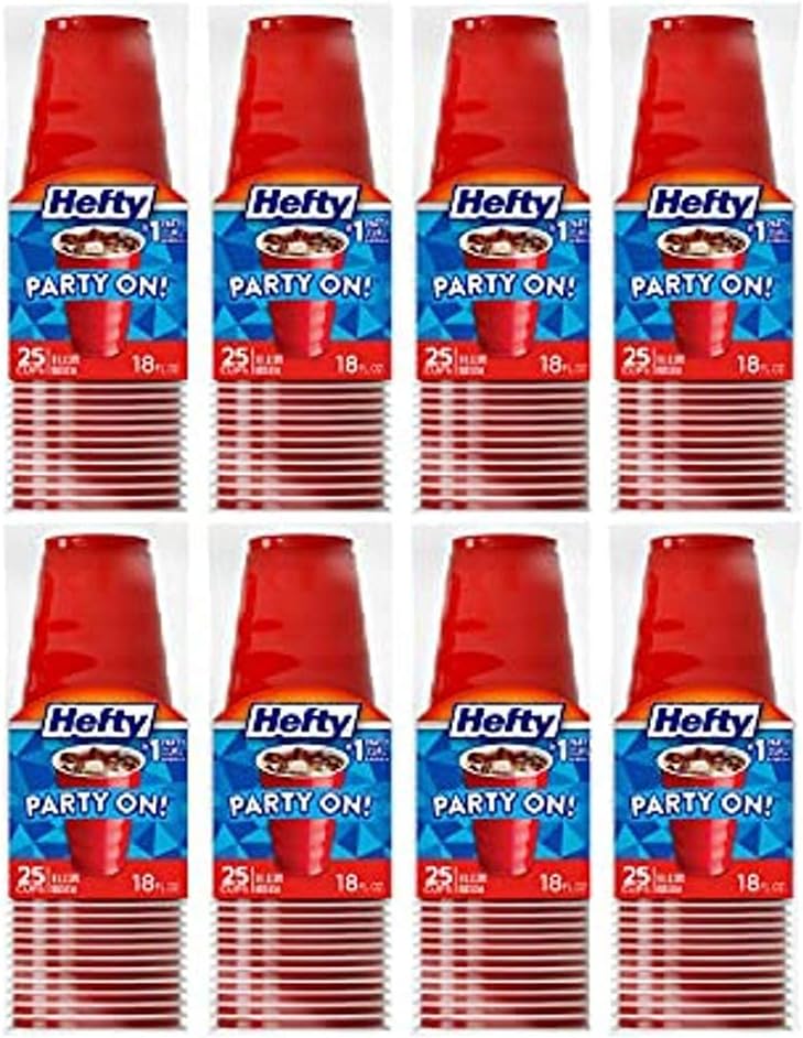Hefty Party On Red Plastic Cups, Disposable Plastic Party Cups for Easy Cleanup and Large Gatherings, Red Cups for BBQs, Birthdays, Parties, and More, 18 Ounce, 50 Count
