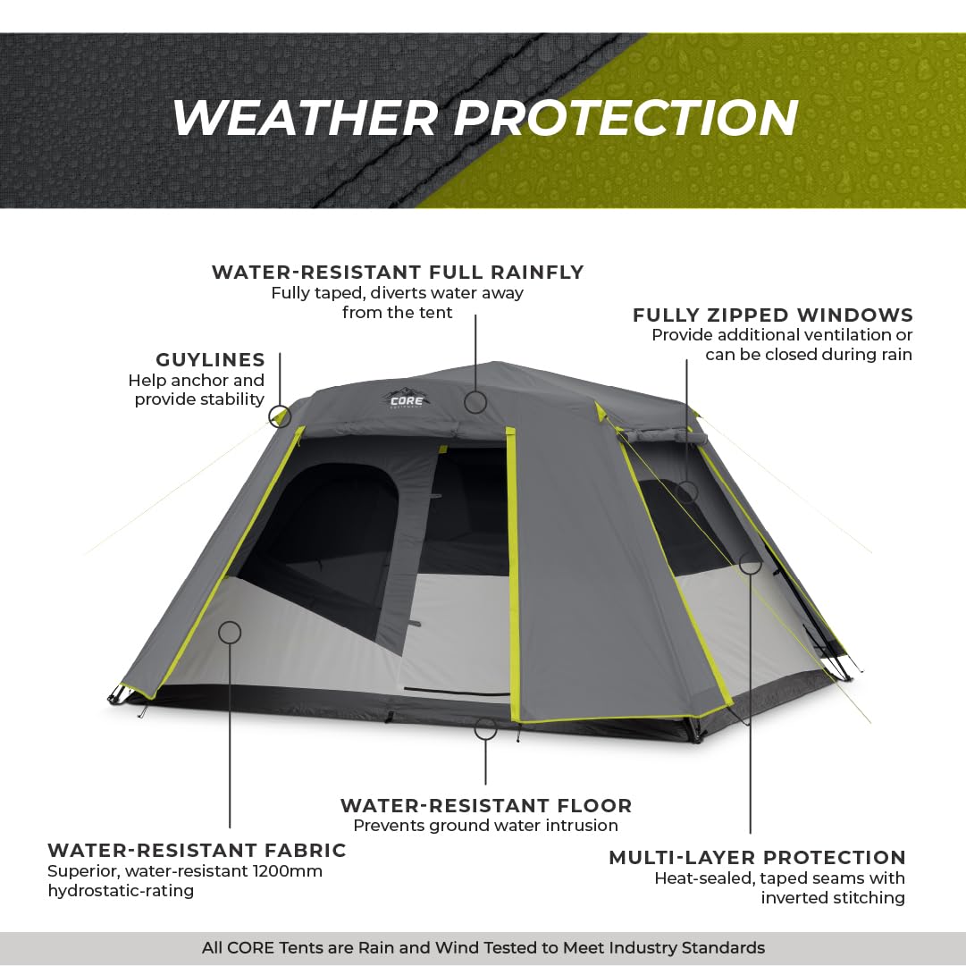 CORE Instant Cabin Tents | 6 Person / 9 Person / 10 Person / 12 Person Family Cabin Multi Room Pop Up Tents Car Camping | Included Storage Pockets for Camping Accessories