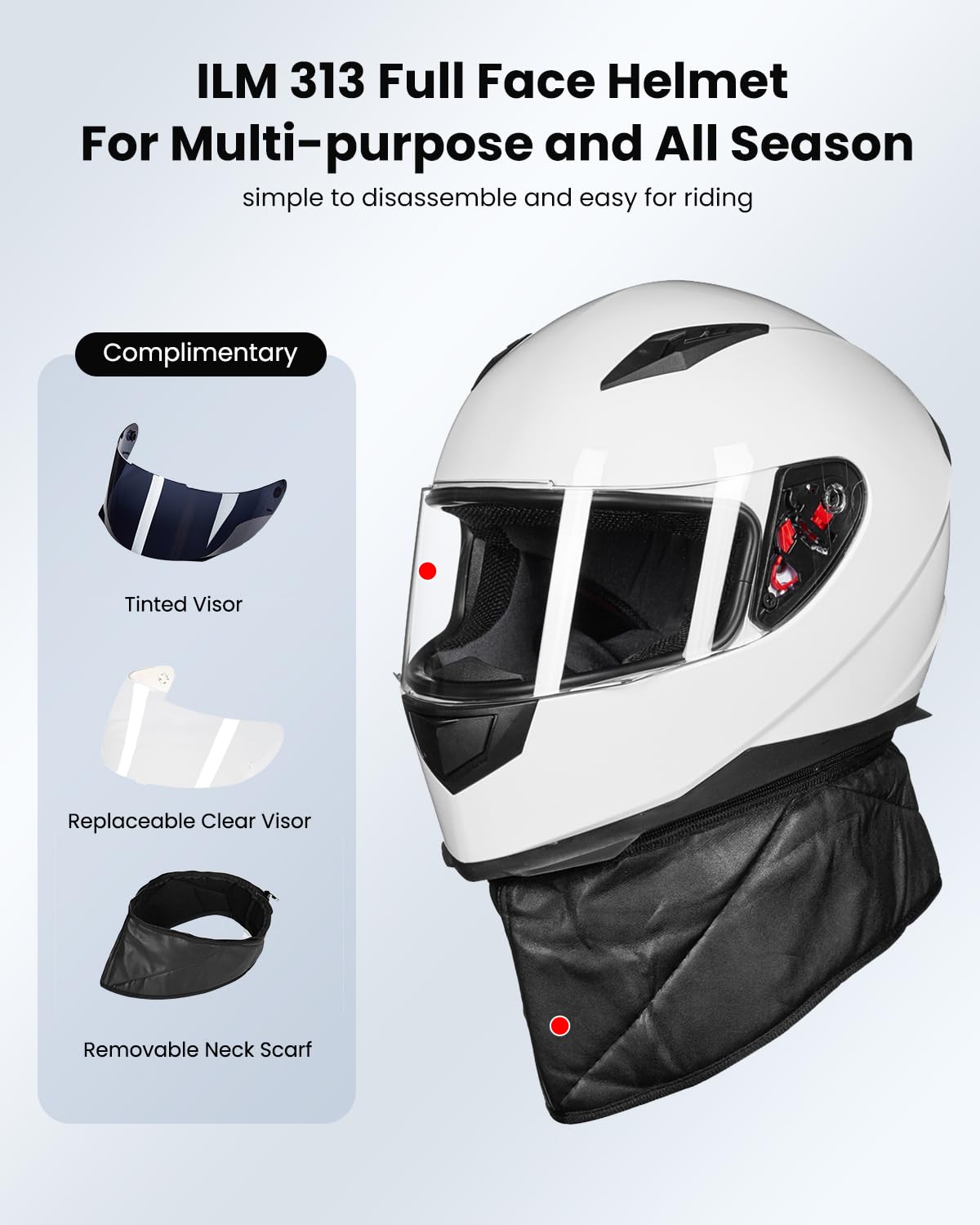 ILM Full Face Motorcycle Street Bike Helmet with Removable Winter Neck Scarf + 2 Visors DOT Model-JK313