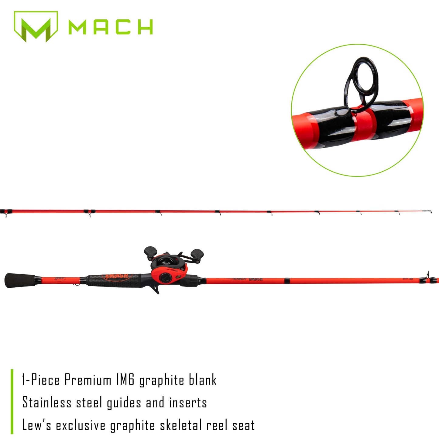 Lew's MACH Smash Baitcast Reel and Fishing Rod Combo, IM6 Graphite Blank Fishing Rod, Split Grip Winn Dri-Tac Handle, Fluorescent Red