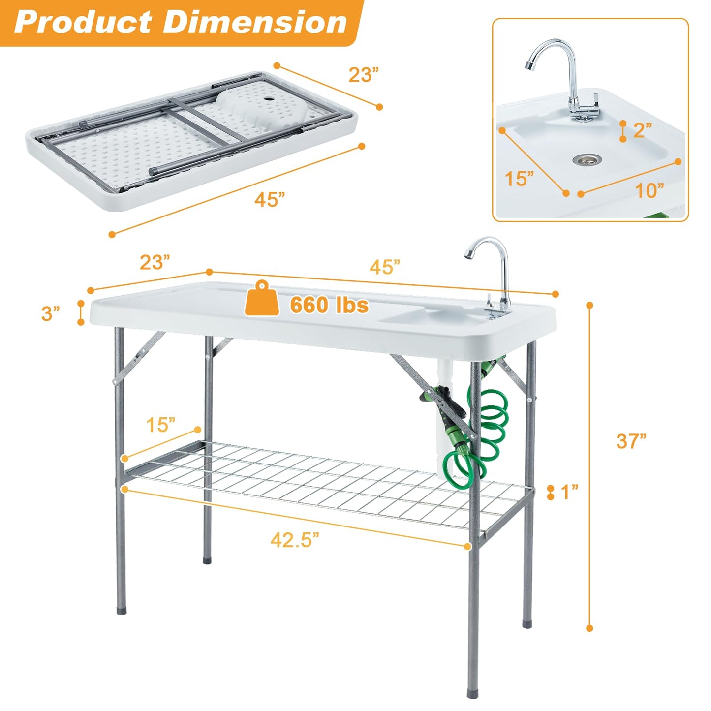 Folding Fish Cleaning Table Portable Camping Sink with Faucet Drainage Hose & Sprayer Outdoor Fillet Station Grid Rack Knife Groove for Picnic Fishing, Black