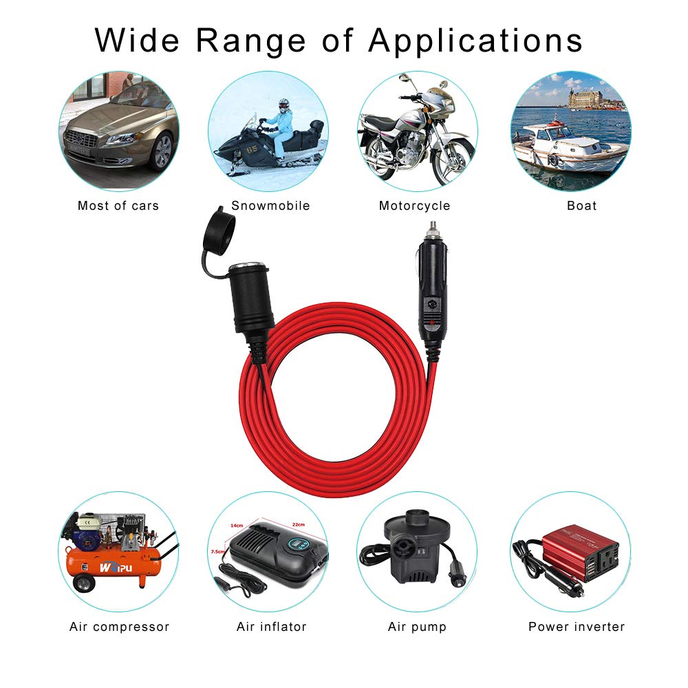 12V Cigarette Lighter Extension Cord 12FT -Car Charger Cigar Lighter Male Plug to Female Socket 16AWG Heavy Duty Extension Cable with LED Lights Extender for Air Compressor Pump and Tire Inflator 15A